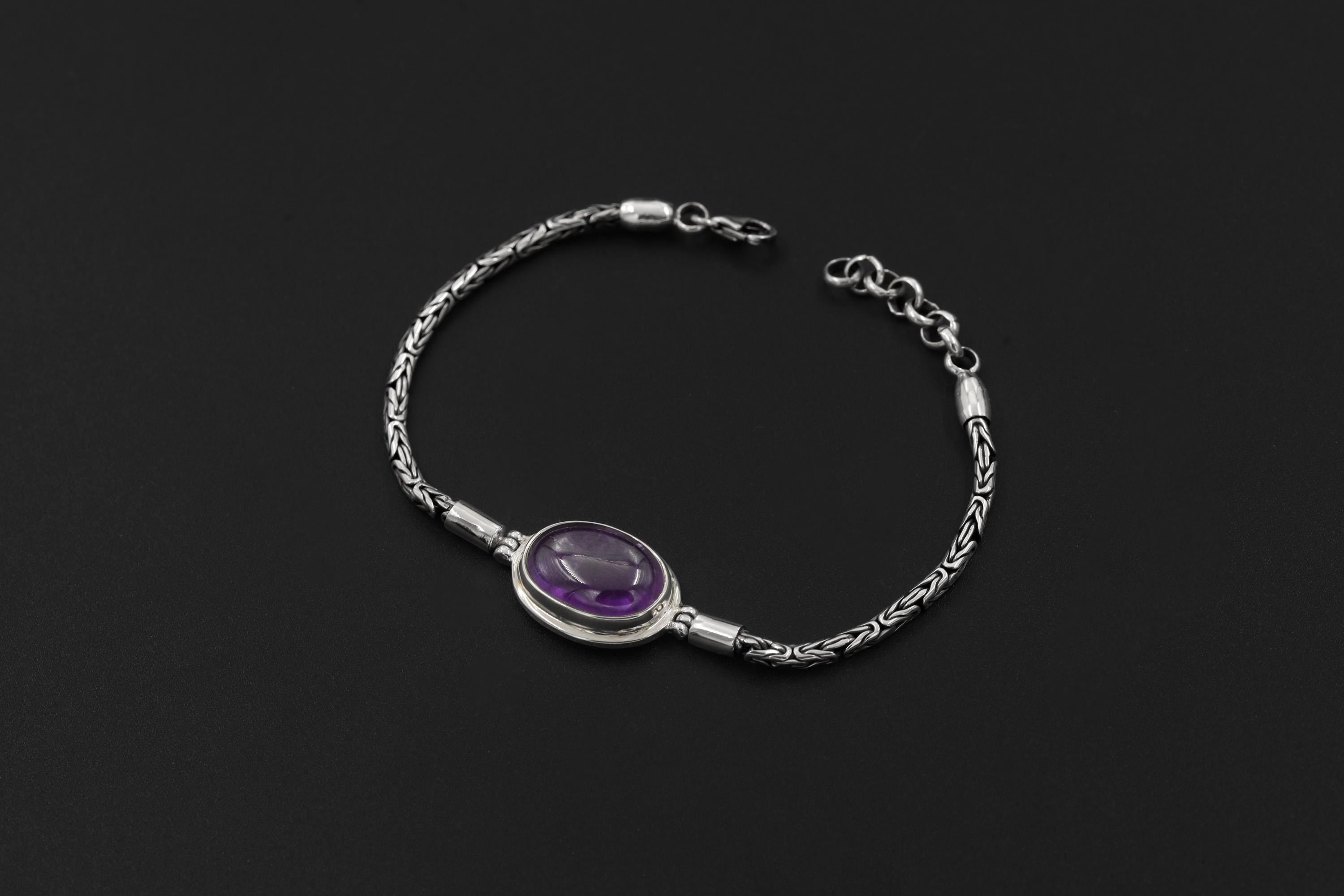 Amethyst Bracelet Sterling Silver, Byzantine Chain 925, Oval Cabochon Gemstone, Adjustable, Crown Chakra Healing Crystal Jewelry Gift