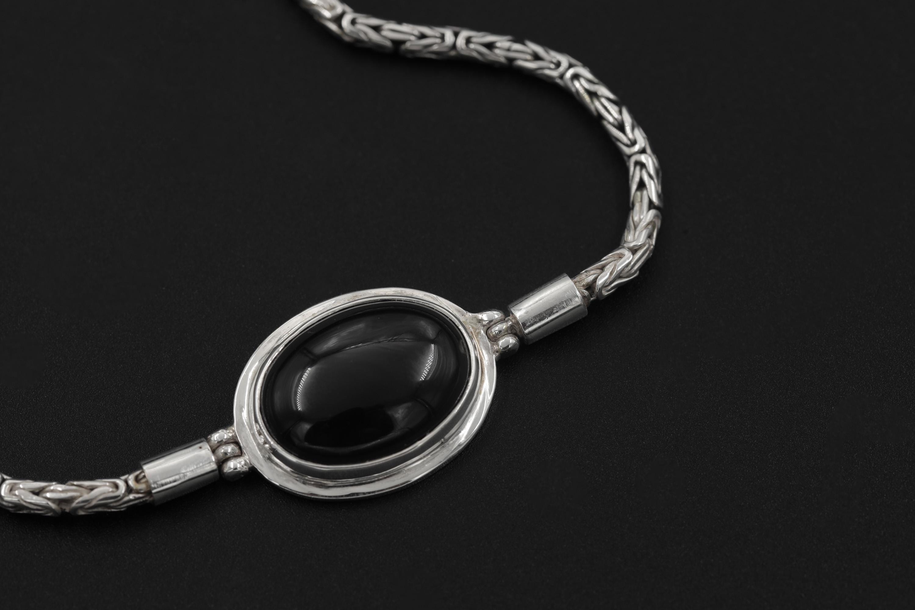Black Onyx Cabochon Bracelet 925 Silver Byzantine Chain Jewelry Grounding Root Chakra Talisman Handmade Gift