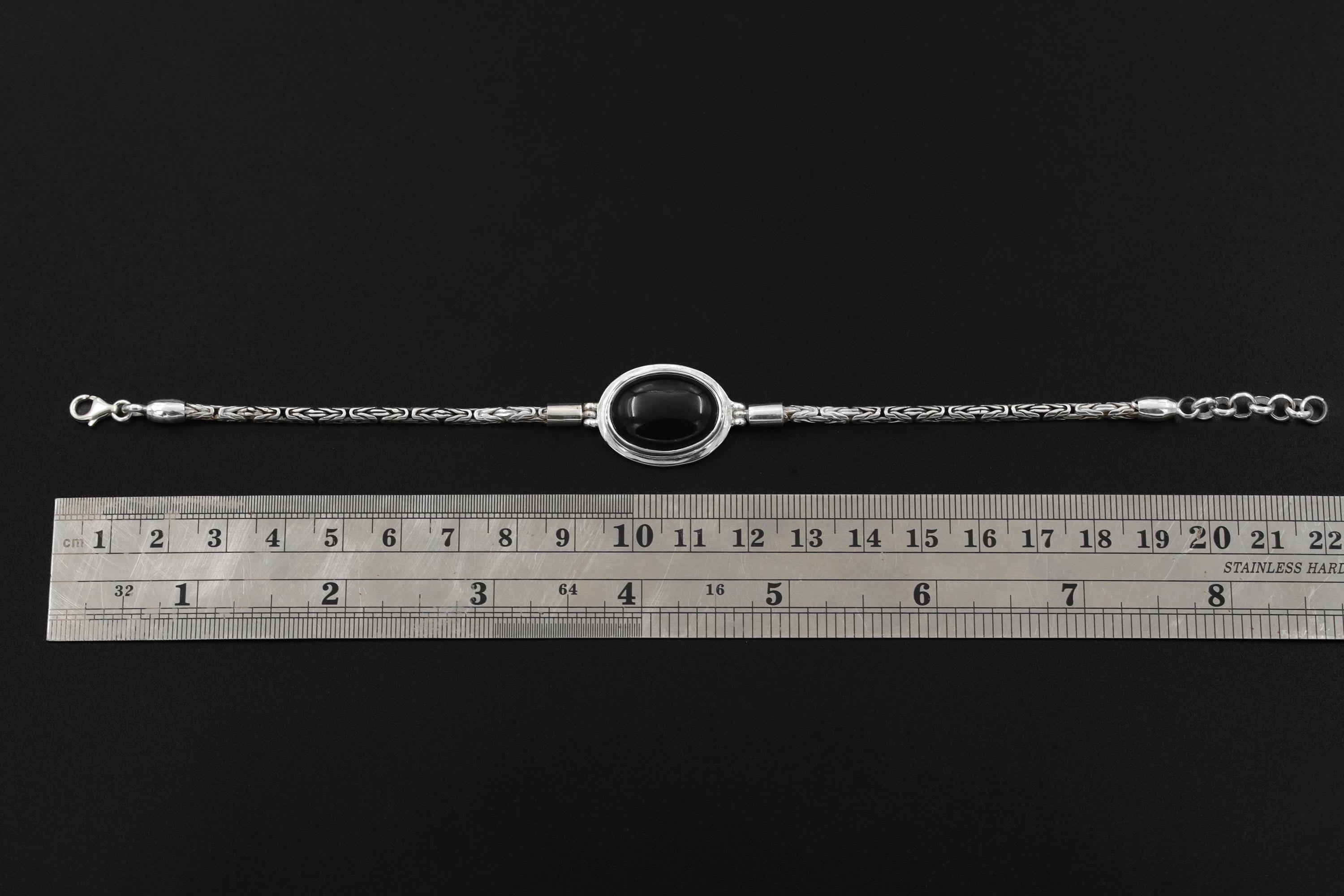 Black Onyx Cabochon Bracelet Sterling Silver, Byzantine Chain, 925 Silver, Oval Gemstone, Adjustable 18–21cm, Chakra Healing Jewelry Gift