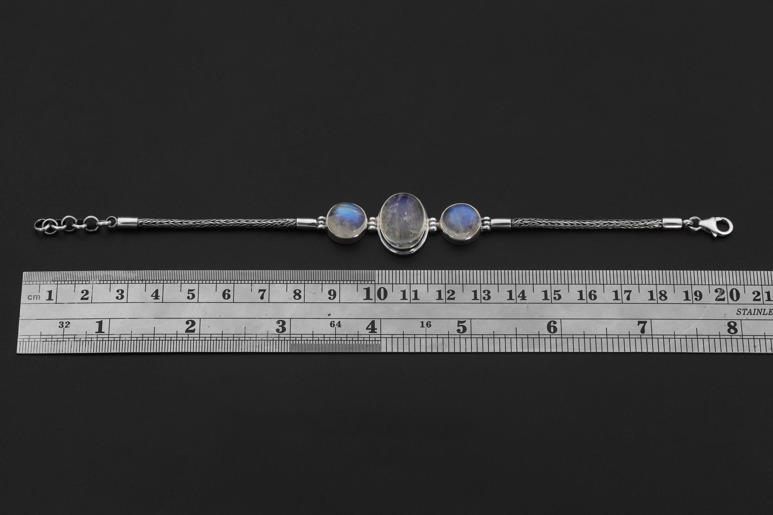 AAA Blue Moonstone Bracelet: 925 Sterling Silver Snake Chain, Adjustable