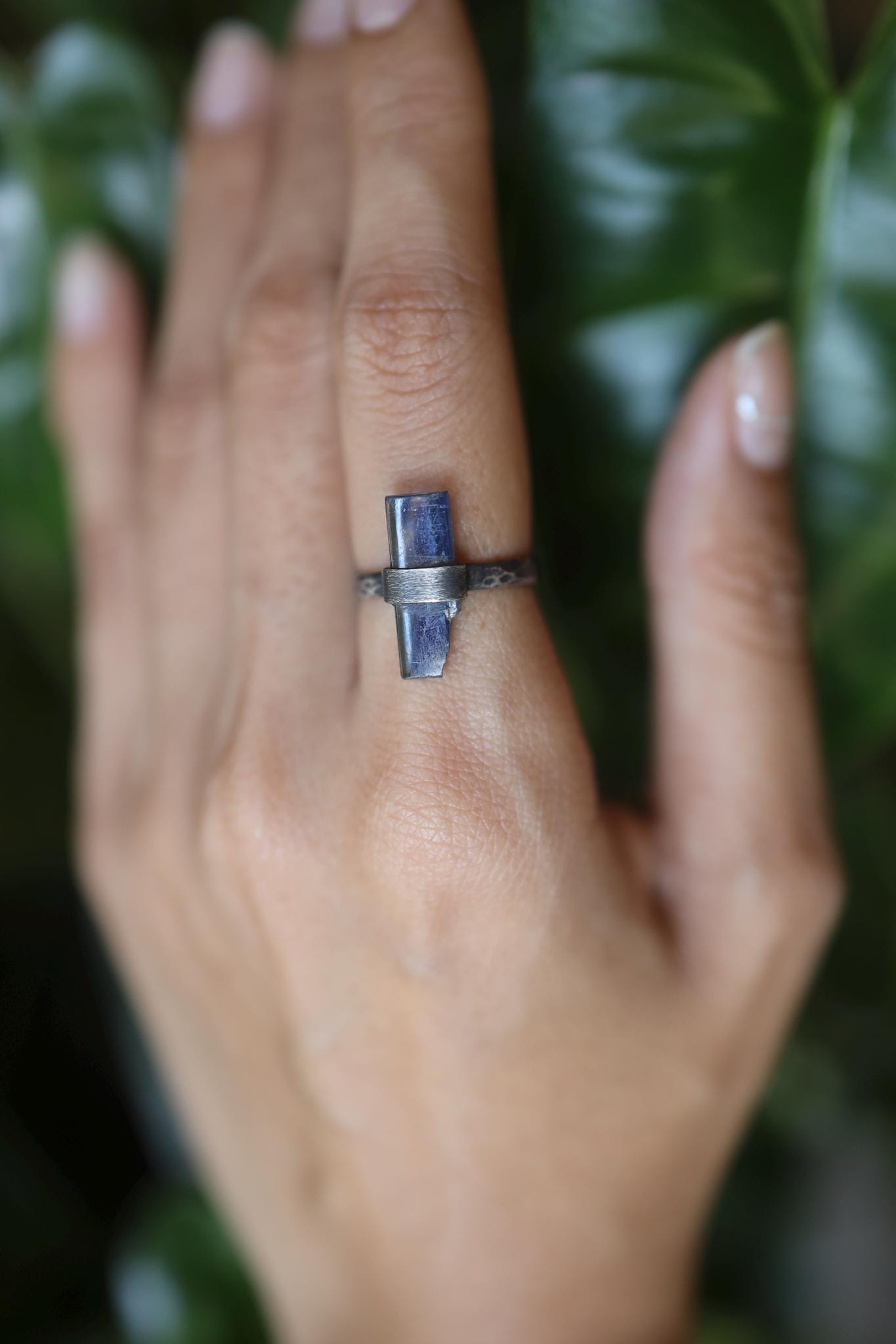 Kyanite Silver Ring 925 Oxidized Hammered Band Raw Crystal Wrap Setting Communication Jewelry Gift US size 5
