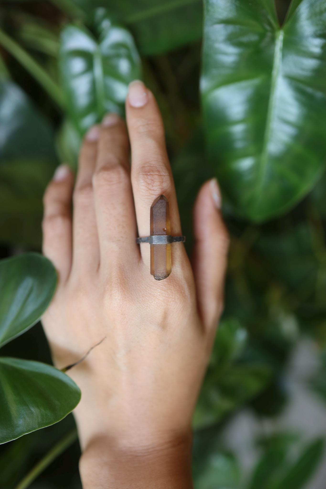 Raw Smoky Citrine Ring 925 Silver, Australian Torrington Crystal, Oxidized Hammered Finish, Solar Plexus Chakra, Healing Jewelry