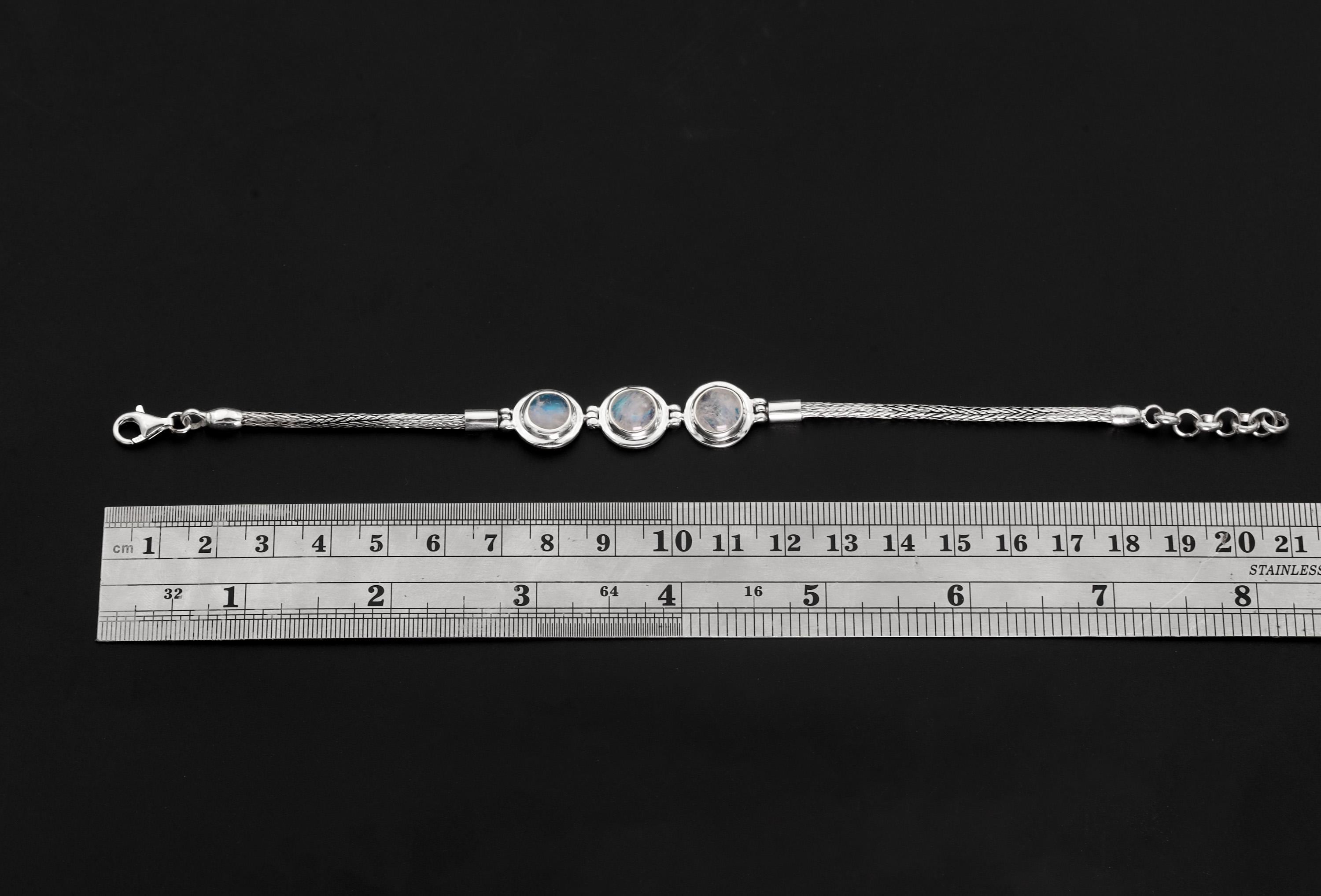 High Grade Blue Moonstone Bracelet Sterling Silver, 3 Stone Snake Chain, 925 Silver, Adjustable, Chakra Healing Crystal Gift