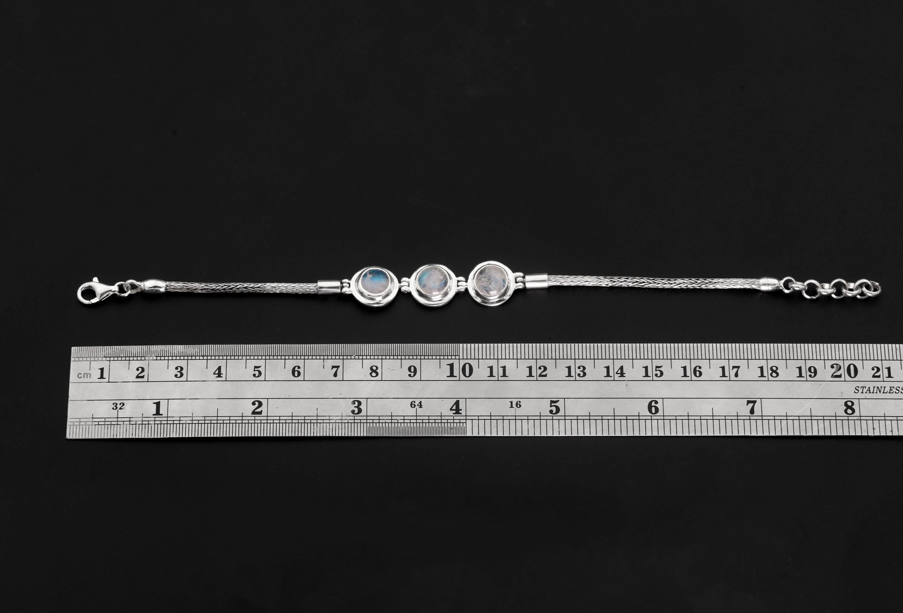 Blue Moonstone Bracelet 925 Sterling Silver Snake Chain Triple Cabochon Adjustable 18-21cm Cancer Chakra Gift