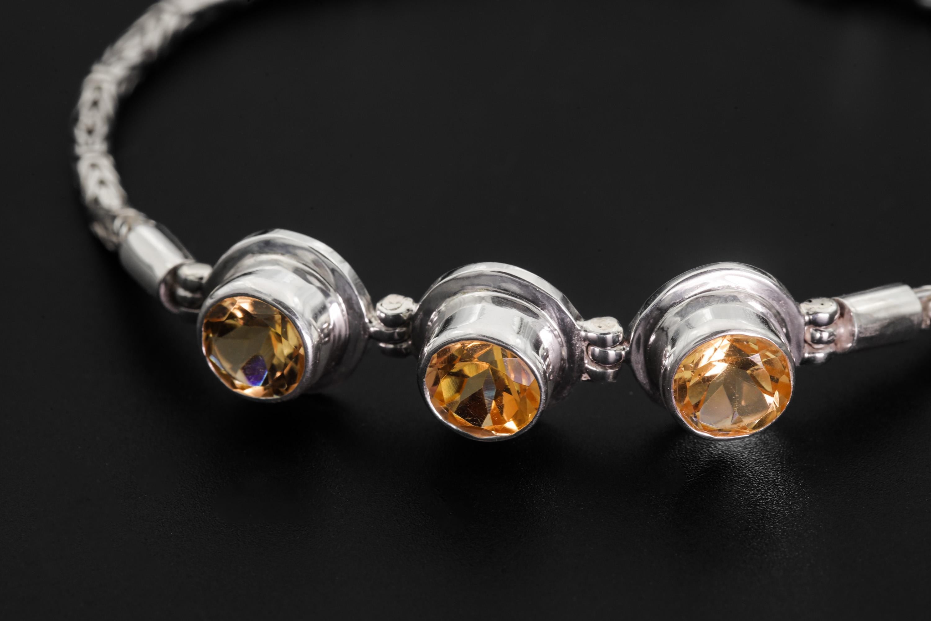 Faceted Citrine Sterling Silver Bracelet, Byzantine Chain, Adjustable