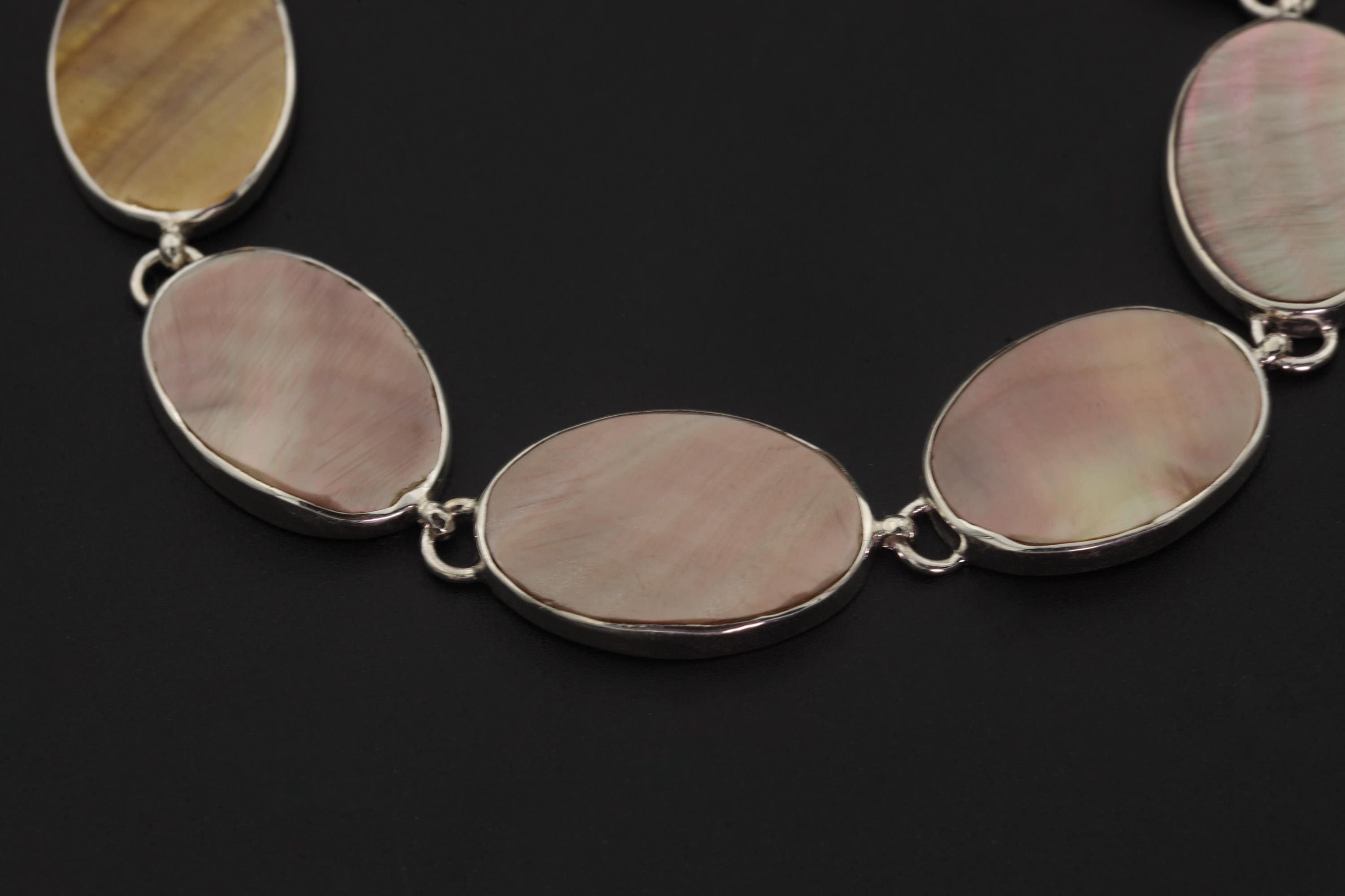 Mother of Pearl Shell Bracelet Sterling Silver 925, Oval Gemstones, Adjustable Handmade Jewelry, Heart Chakra Healing Ocean Gift