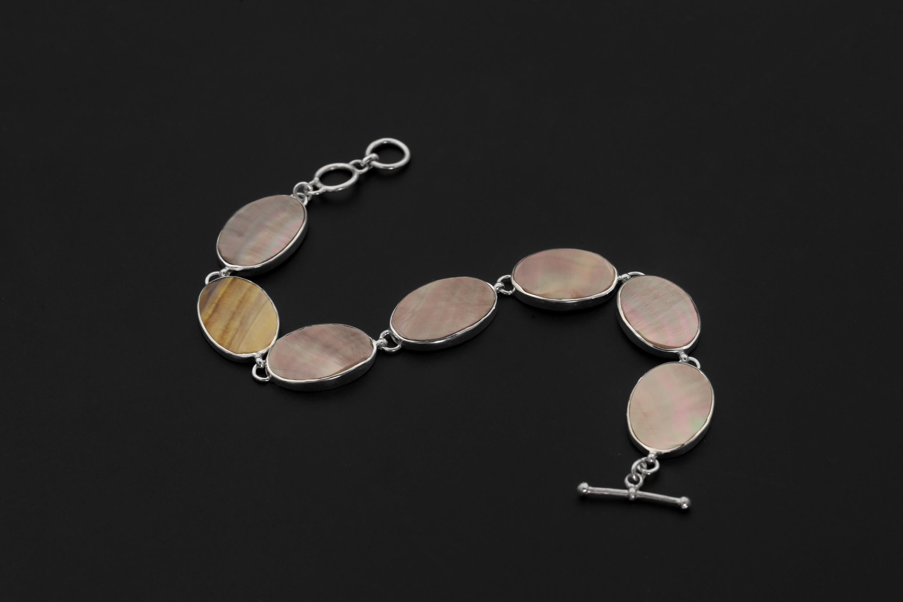 Mother of Pearl Bracelet 925 Sterling Silver Oval Shell Cabochon Toggle Clasp Ocean Heart Chakra Pisces Cancer Gift