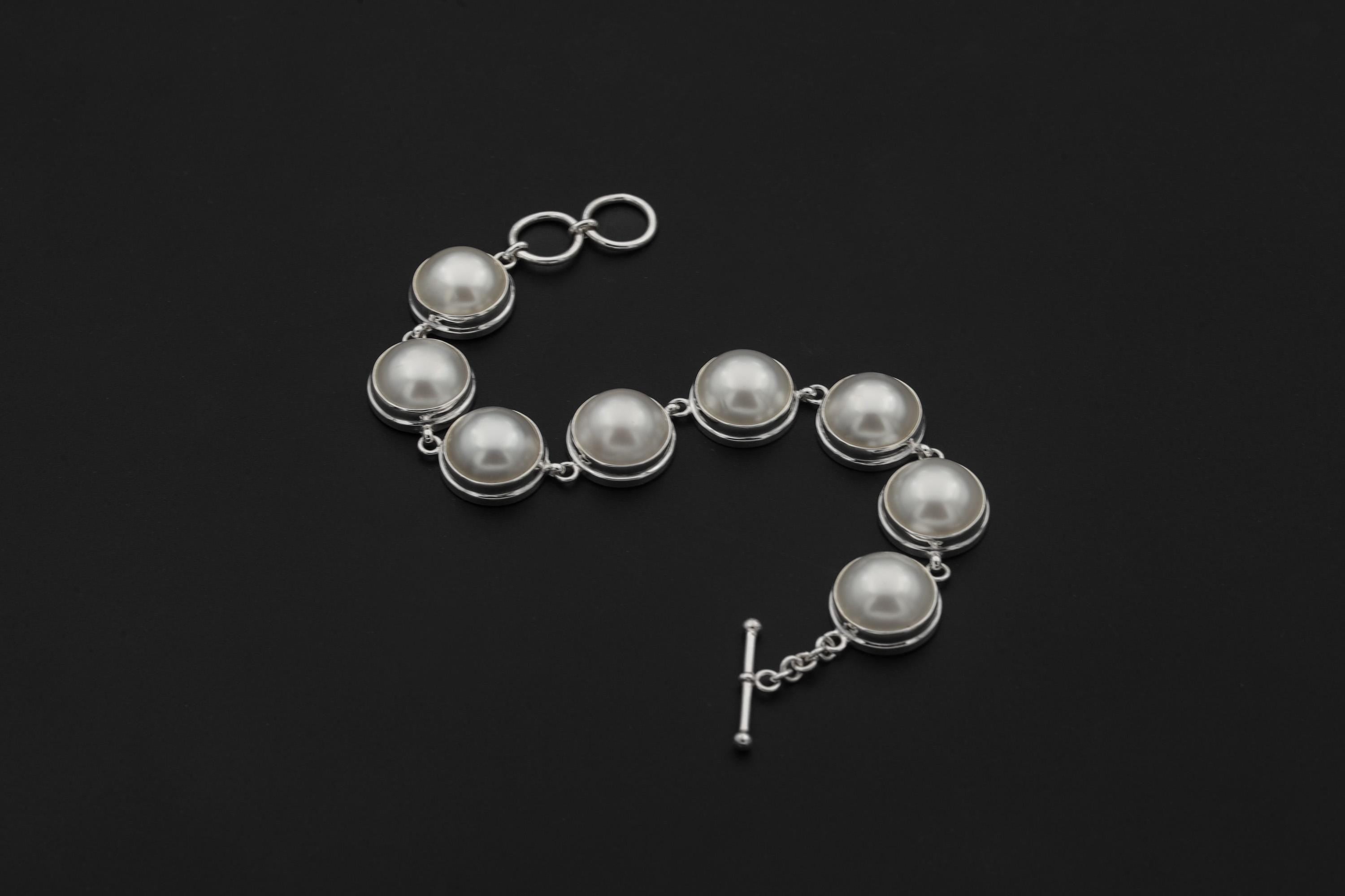 Mabe Pearls Bracelet, Sterling Silver 925, 7 Large Luminous Perfect White Pearls Adjustable Clasp Chain Ocean Energy Heart Healing Gift