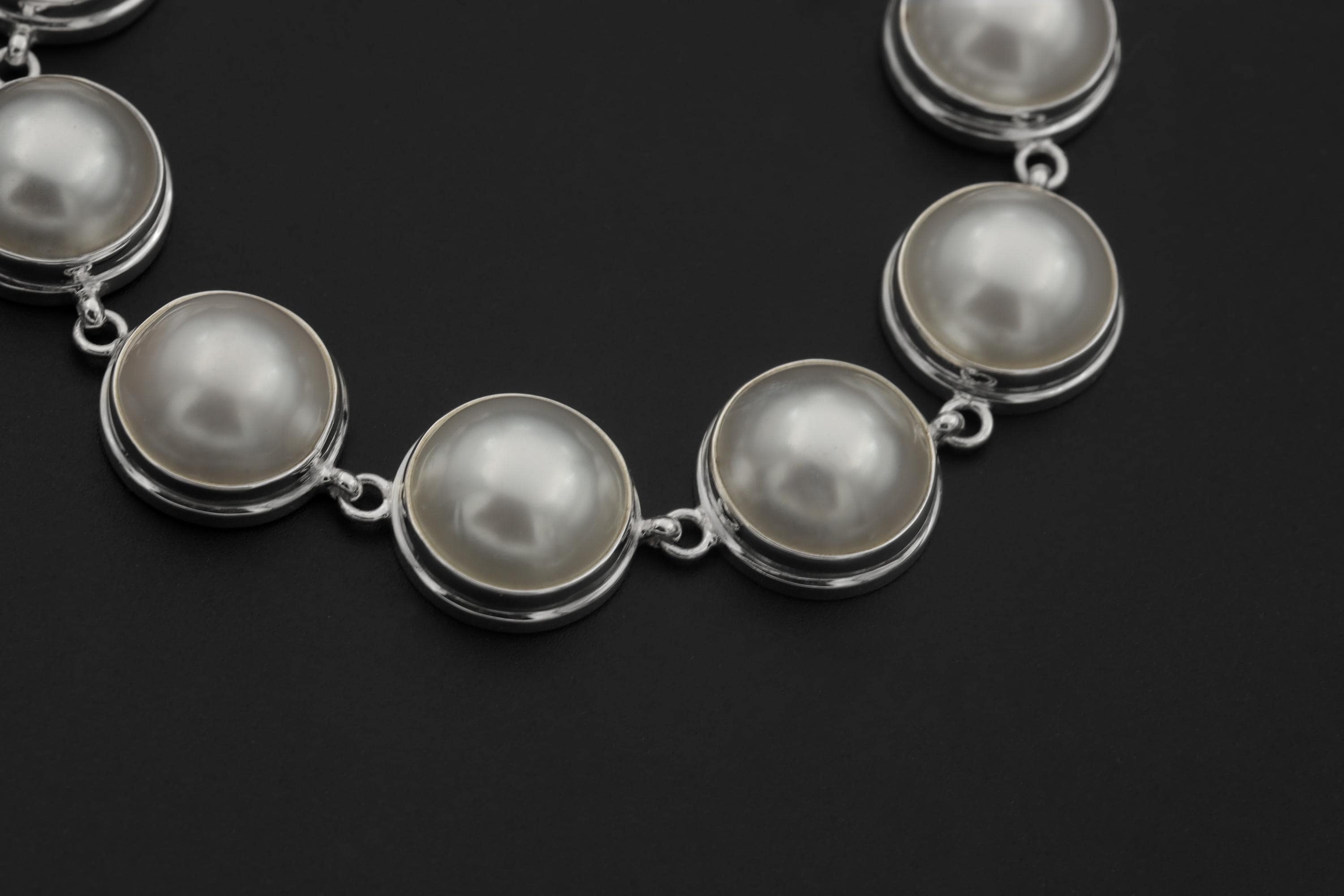 Mabe Pearls Bracelet, Sterling Silver 925, 7 Large Luminous Perfect White Pearls Adjustable Clasp Chain Ocean Energy Heart Healing Gift