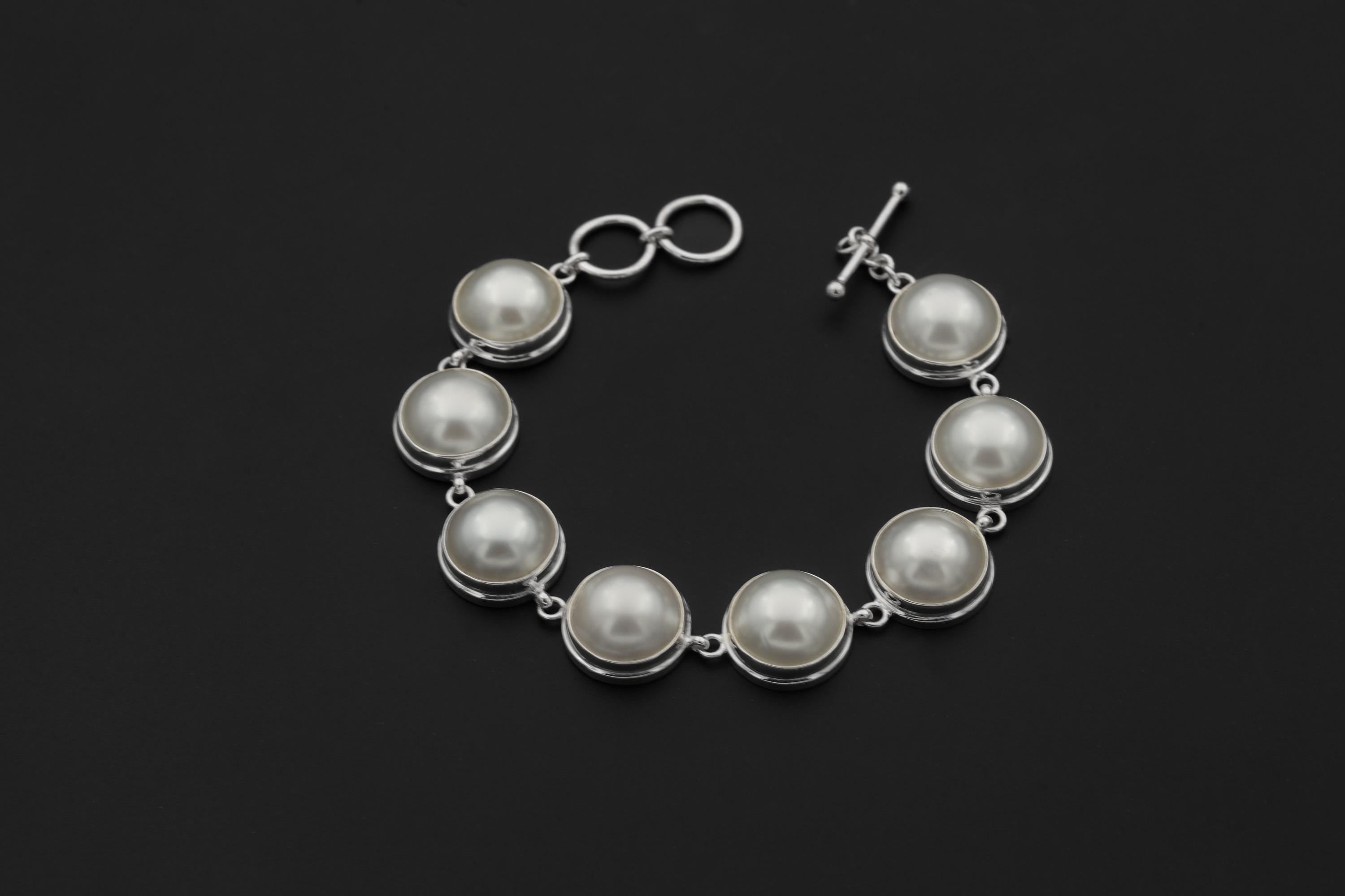 Mabe Pearls Bracelet, Sterling Silver 925, 7 Large Luminous Perfect White Pearls Adjustable Clasp Chain Ocean Energy Heart Healing Gift