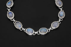 Close view of Blue Moonstone bracelet showing AAA blue flash and polished sterling silver settings.details.