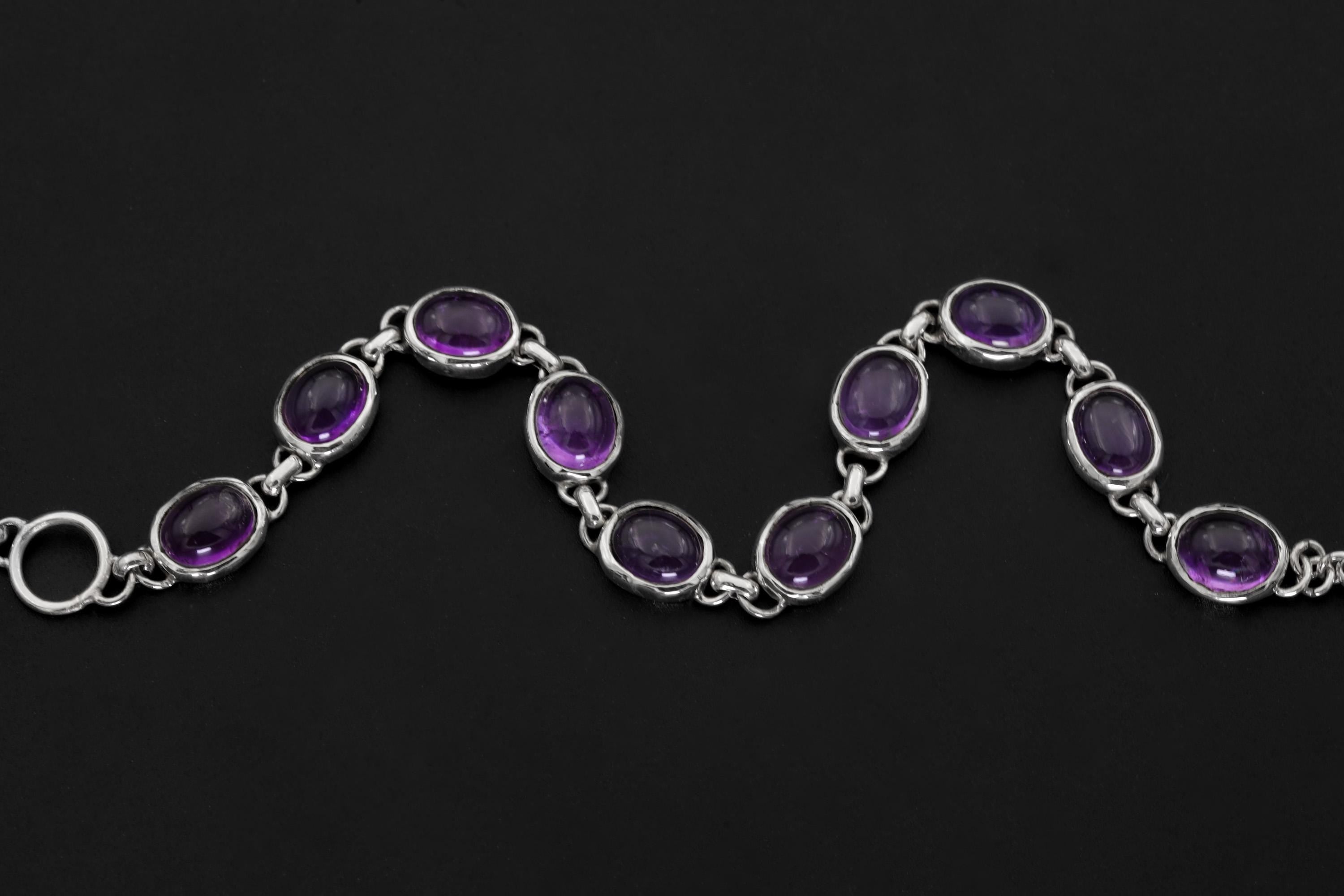 Cabochon Amethyst Bracelet Sterling Silver 925, Handmade Gemstone Jewelry, Pisces, Crown Chakra Healing, Intuition & Balance Gift
