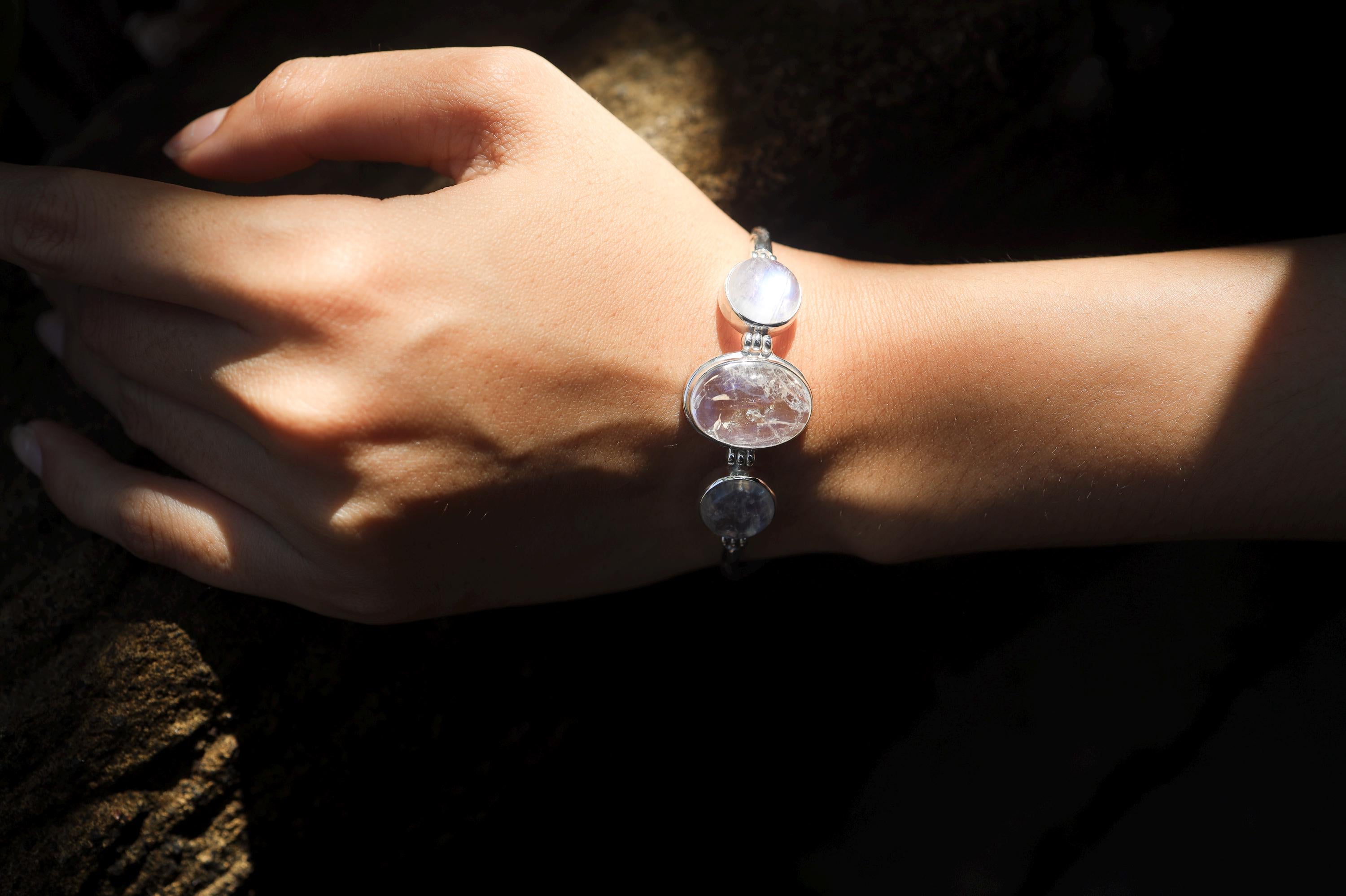 AAA Blue Moonstone Bracelet: 925 Sterling Silver Snake Chain, Adjustable
