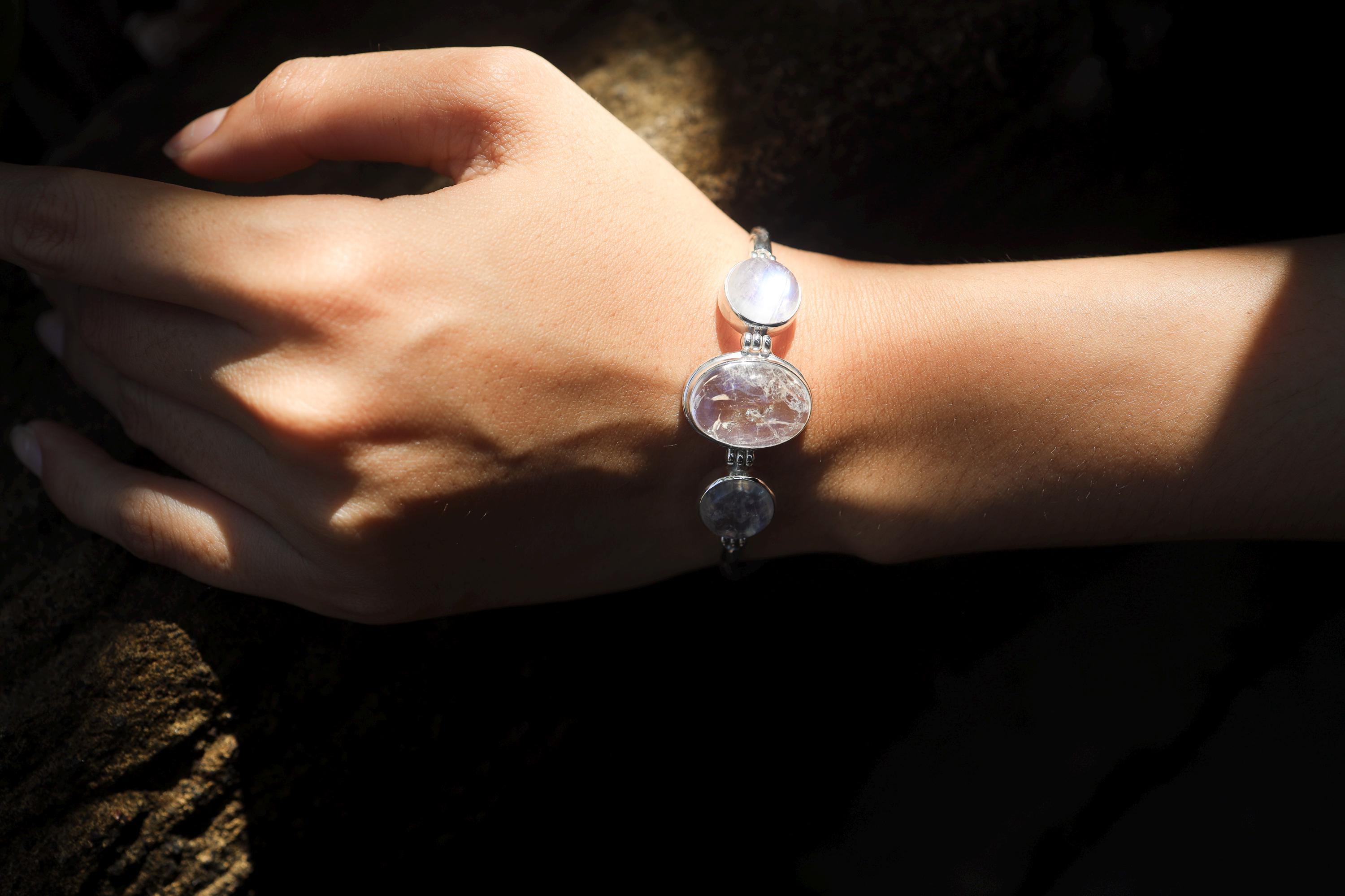 AAA Blue Moonstone Bracelet: 925 Sterling Silver Snake Chain, Adjustable