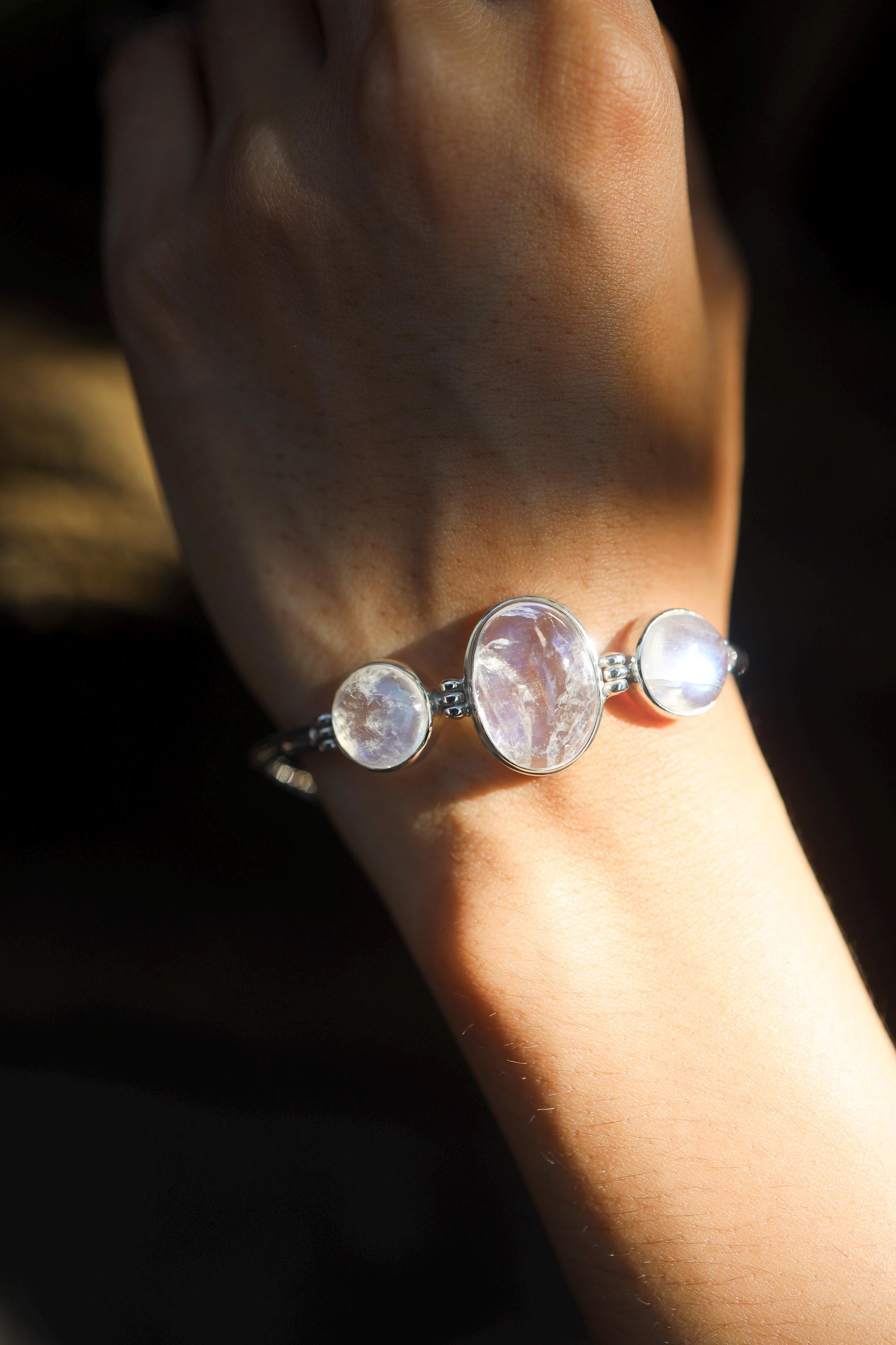 AAA Blue Moonstone Bracelet: 925 Sterling Silver Snake Chain, Adjustable