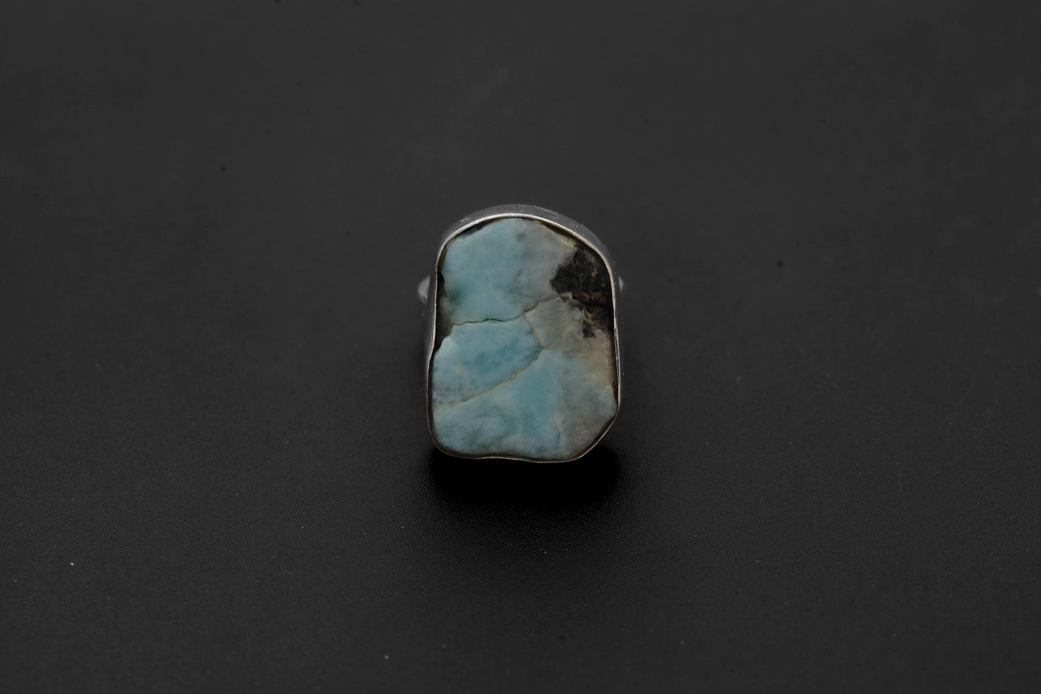 Ocean Larimar Silver Ring 925 Sterling Hammered Texture Band Freeform Blue Stone Unisex Chakra Gift Size 7