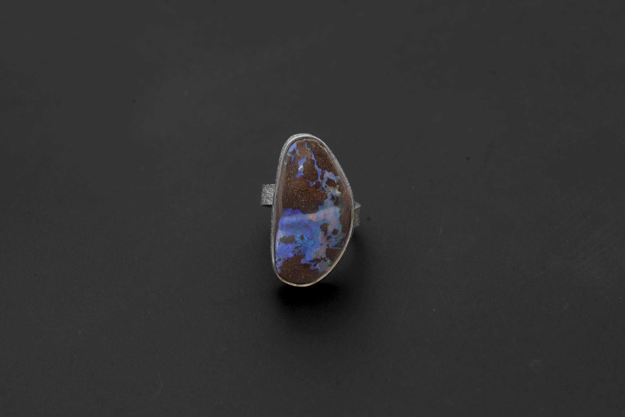 Natural Boulder Opal Ring 925 Sterling Silver Adjustable Sand Textured Band October Birthstone Heart Crown Chakra Gift