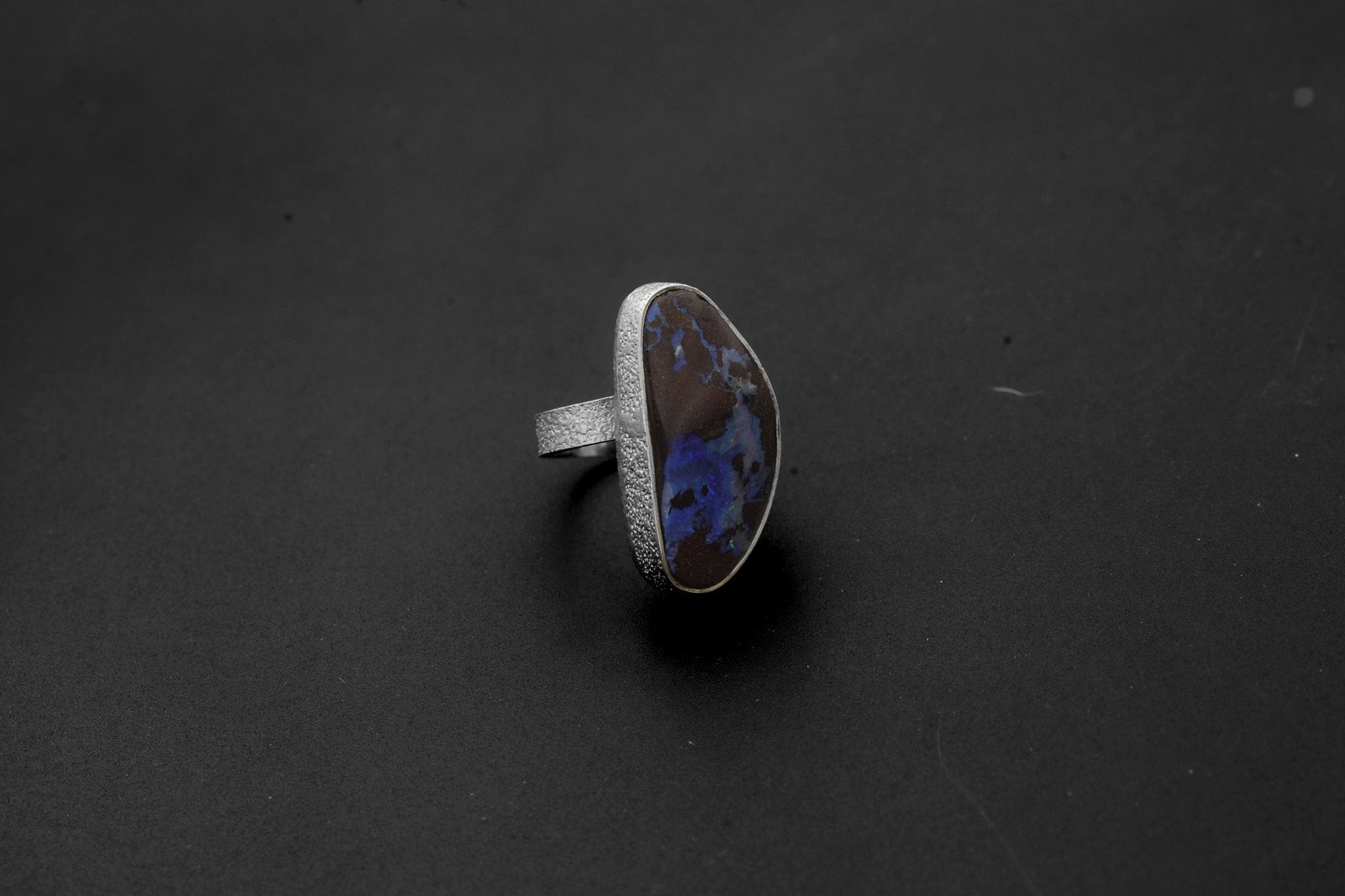 Natural Boulder Opal Ring 925 Sterling Silver Adjustable Sand Textured Band October Birthstone Heart Crown Chakra Gift
