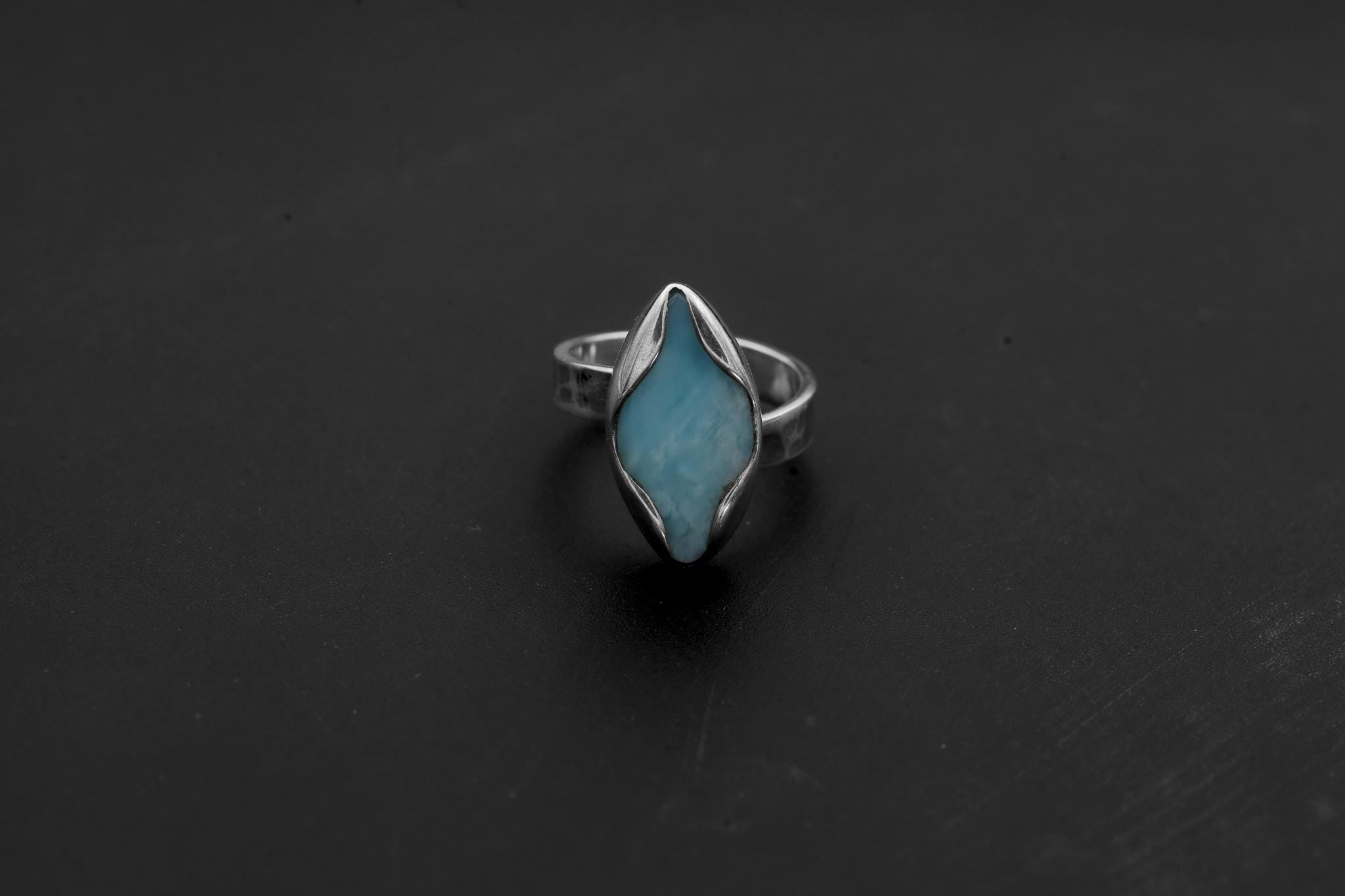 Larimar Eye-Shaped Adjustable Ring, Sterling Silver, Caribbean Gemstone Jewelry, Textured, Unisex Size 5–10, Throat Chakra Healing NO.02