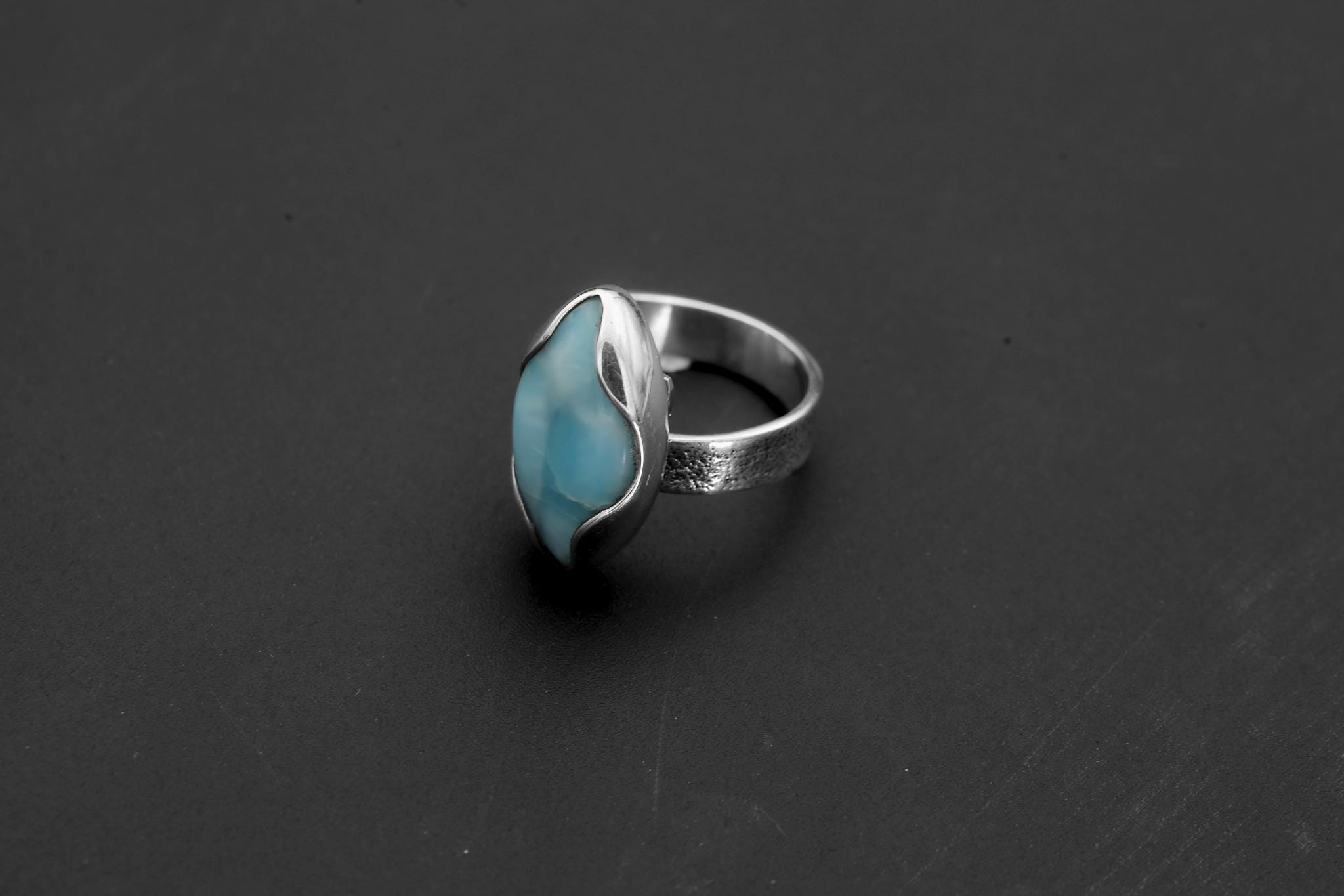 Larimar Eye-Shaped Adjustable Ring, Sterling Silver, Caribbean Gemstone Jewelry, Textured, Unisex Size 5–10, Throat Chakra Healing