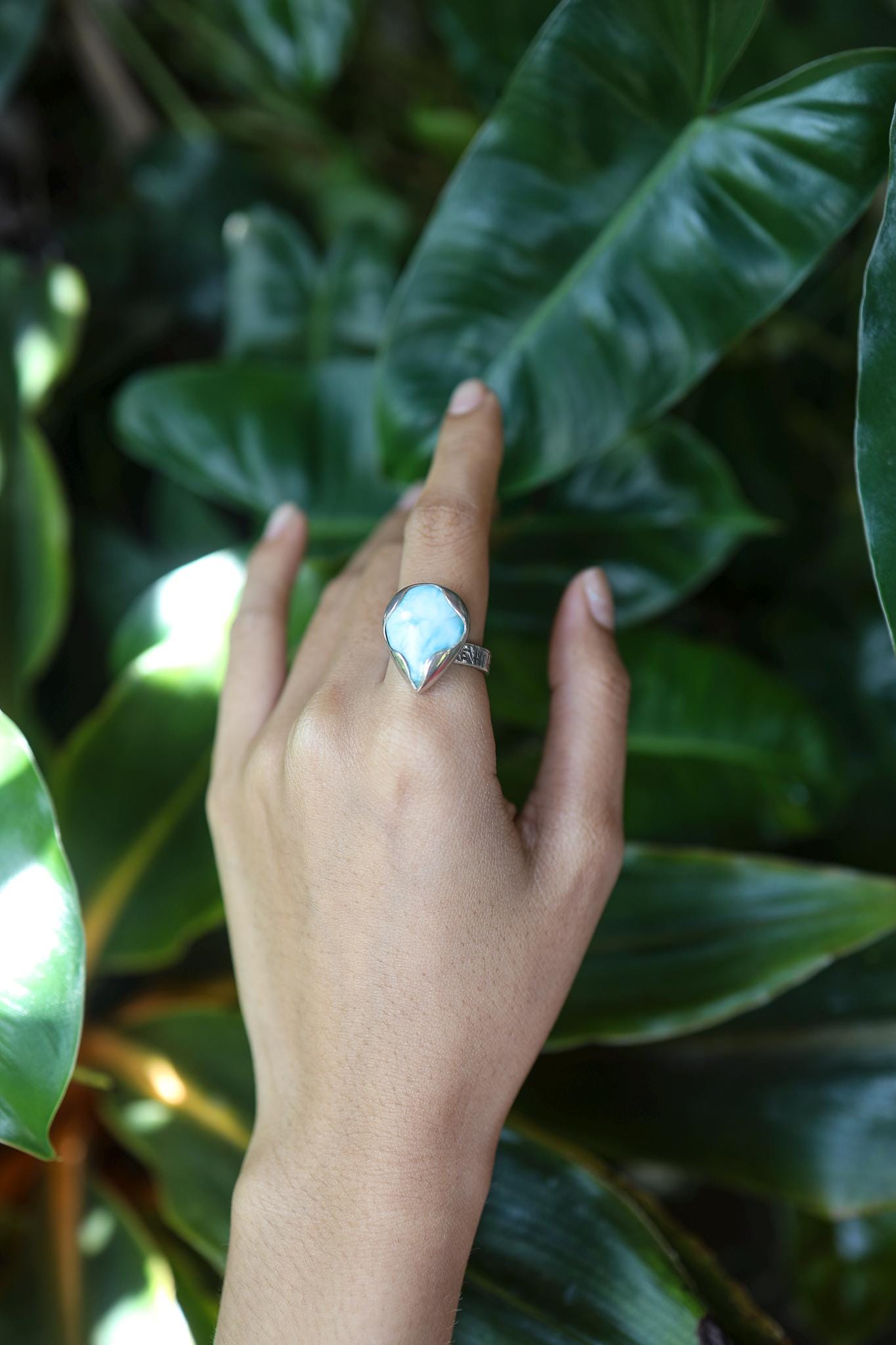 Larimar Adjustable Ring Sterling Silver Teardrop Unisex Size 5-10 Caribbean Gemstone Jewelry Calming Stone Throat Chakra Healing