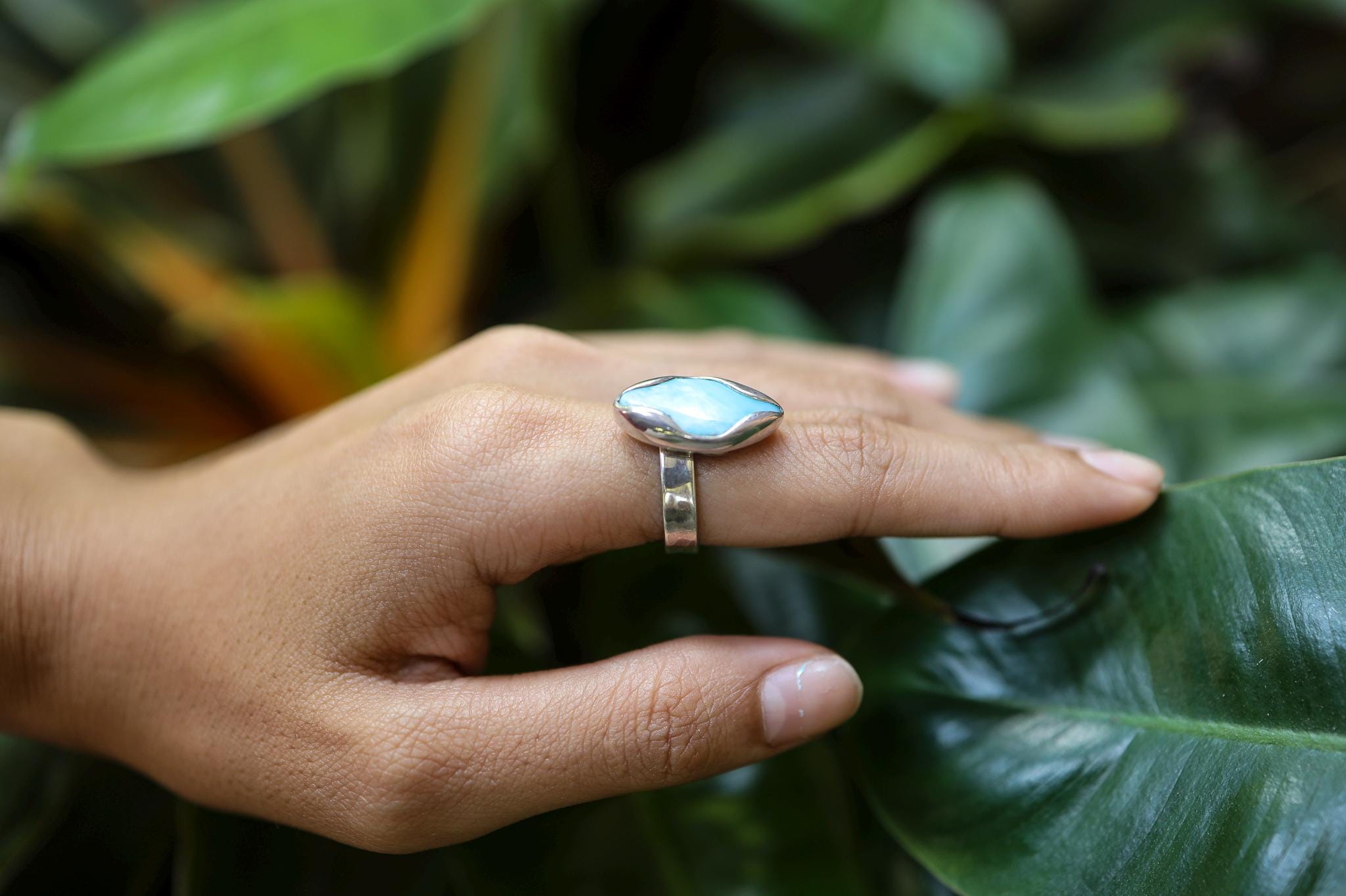 Larimar Eye-Shaped Adjustable Ring, Sterling Silver, Caribbean Gemstone Jewelry, Textured, Unisex Size 5–10, Throat Chakra Healing NO.02