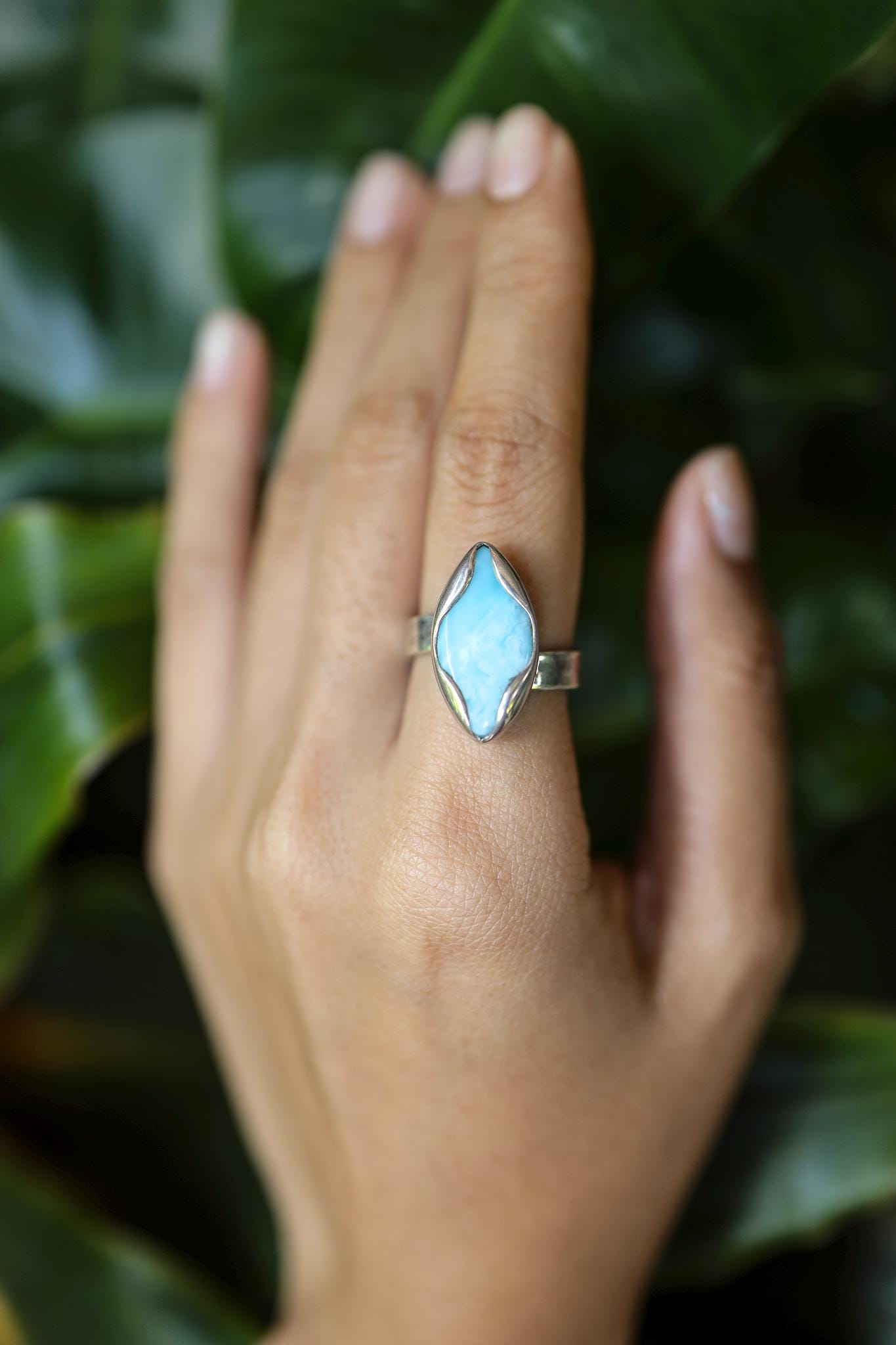 Larimar Eye-Shaped Adjustable Ring, Sterling Silver, Caribbean Gemstone Jewelry, Textured, Unisex Size 5–10, Throat Chakra Healing NO.02
