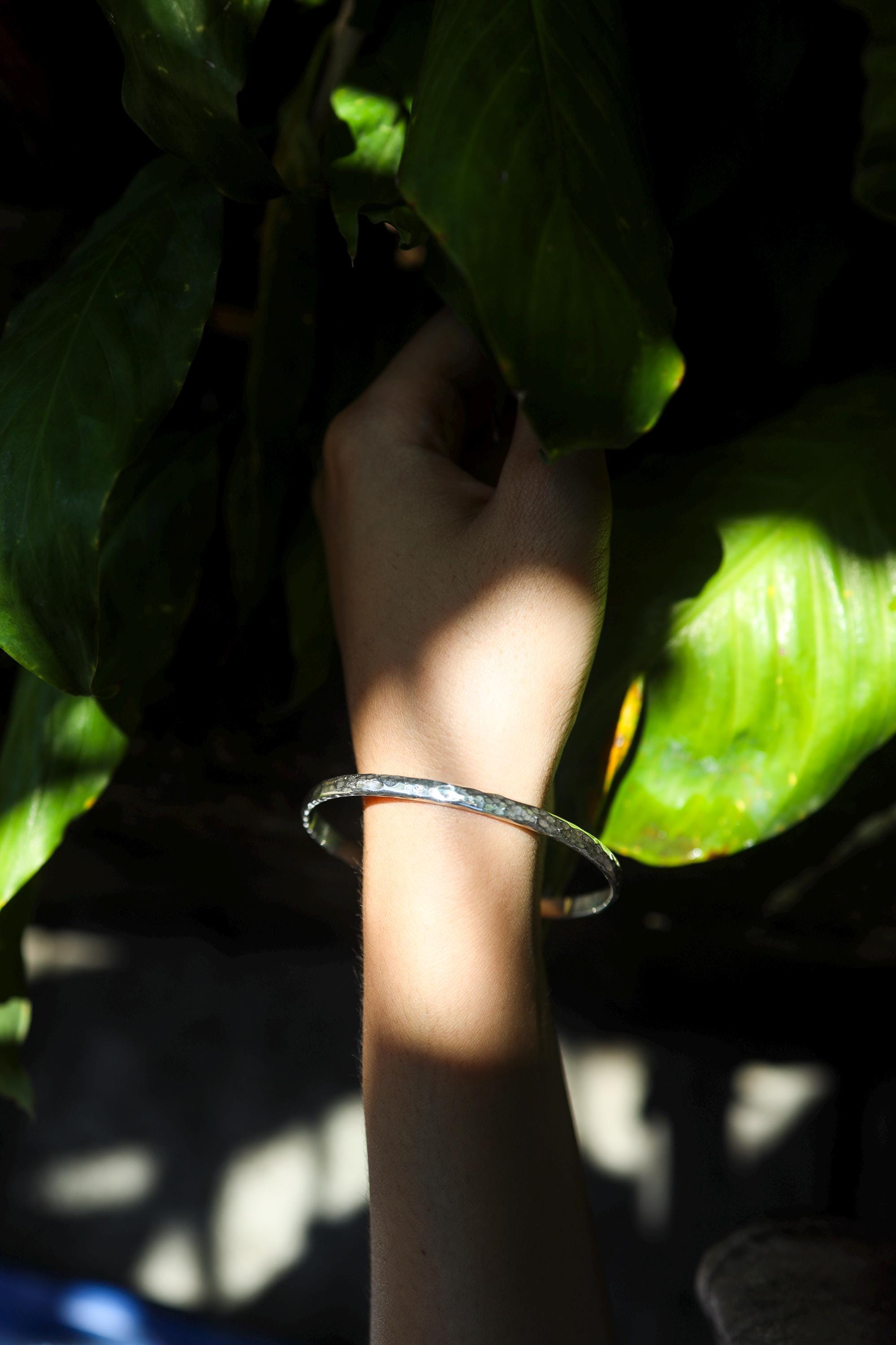 Hammered Sterling Silver Bangle, Minimalist Unisex Jewelry, High Shine Finish