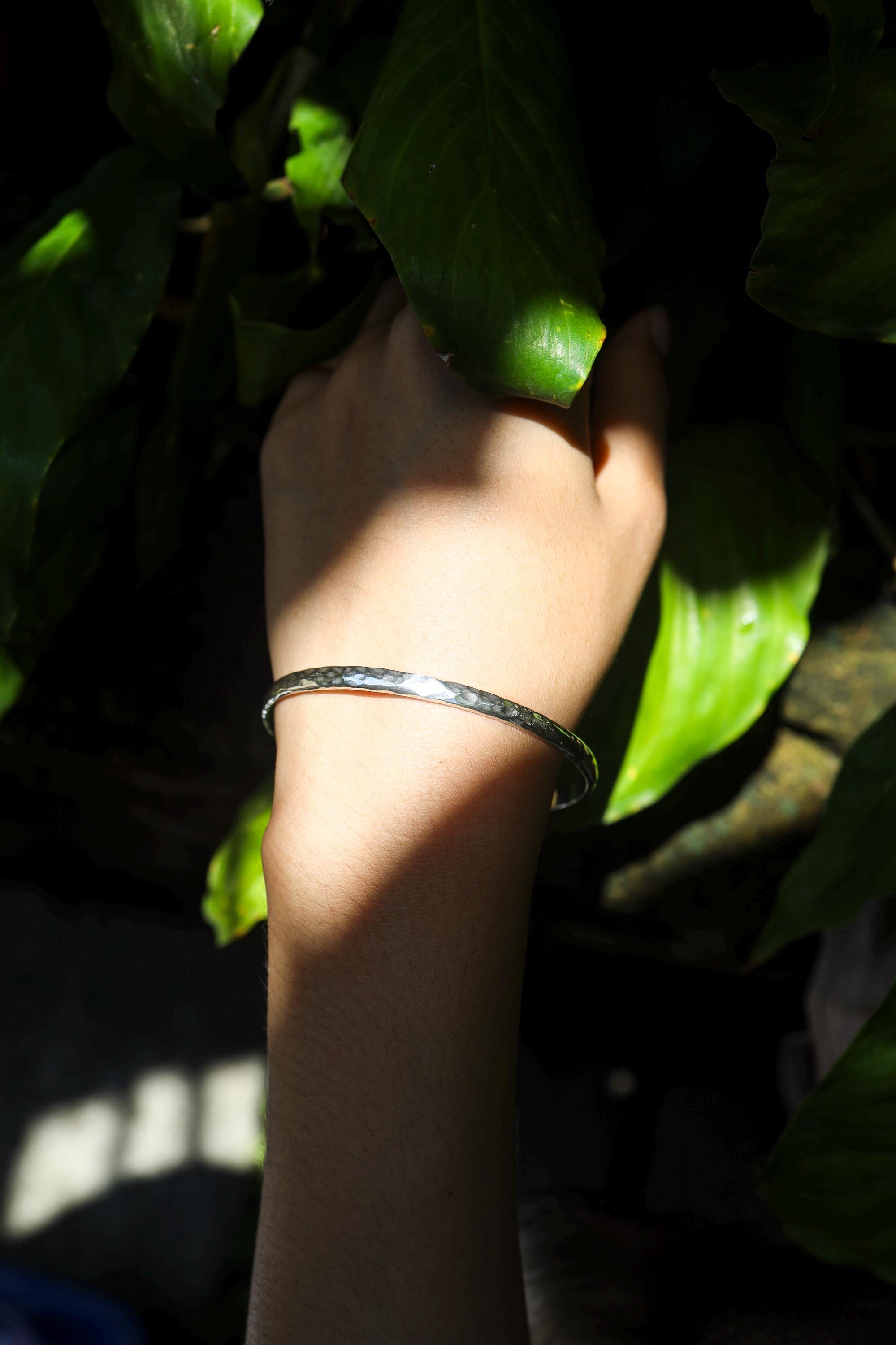 Hammered Sterling Silver Bangle, Minimalist Unisex Jewelry, High Shine Finish