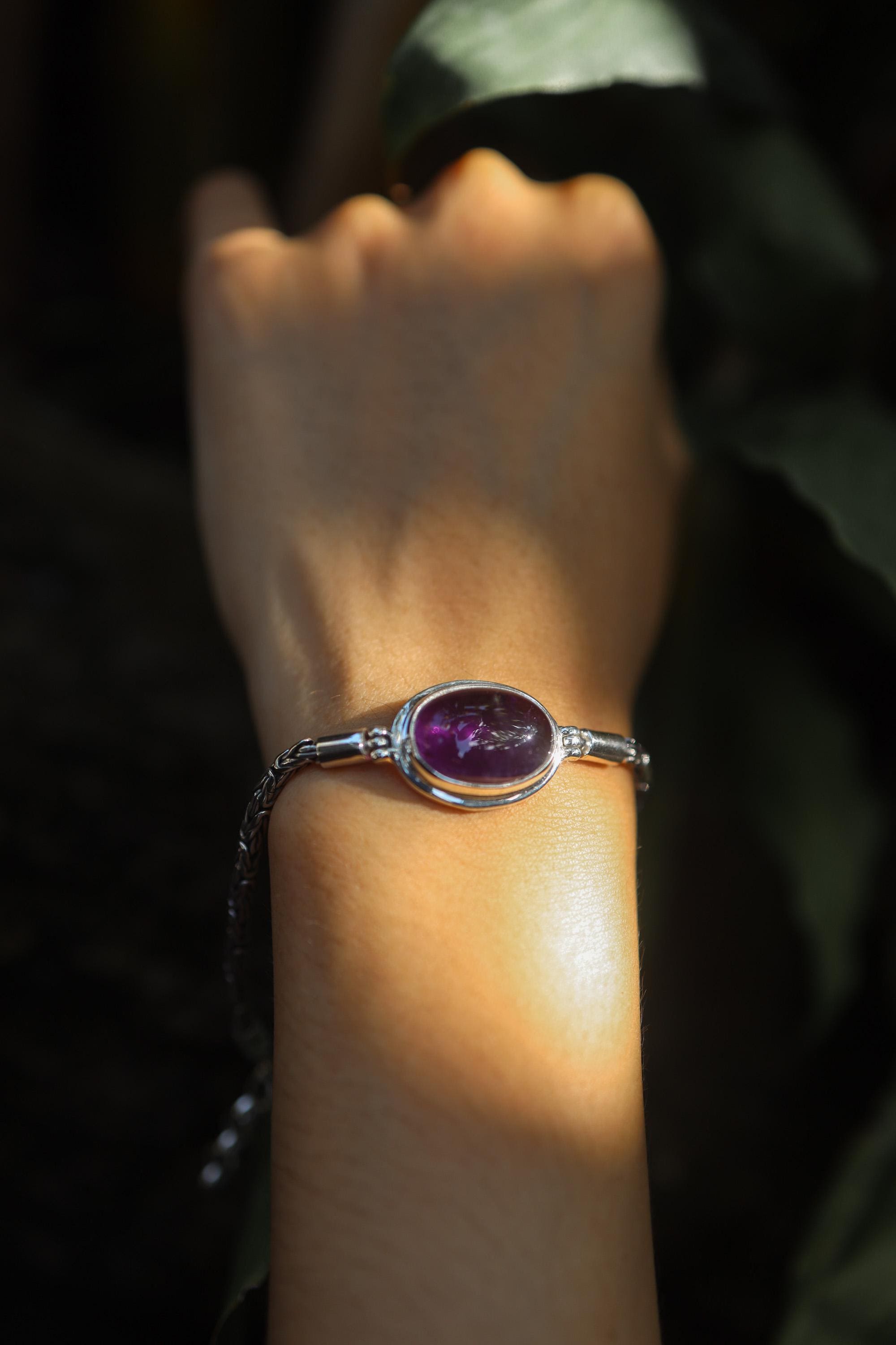 Amethyst Bracelet Sterling Silver, Byzantine Chain 925, Oval Cabochon Gemstone, Adjustable, Crown Chakra Healing Crystal Jewelry Gift