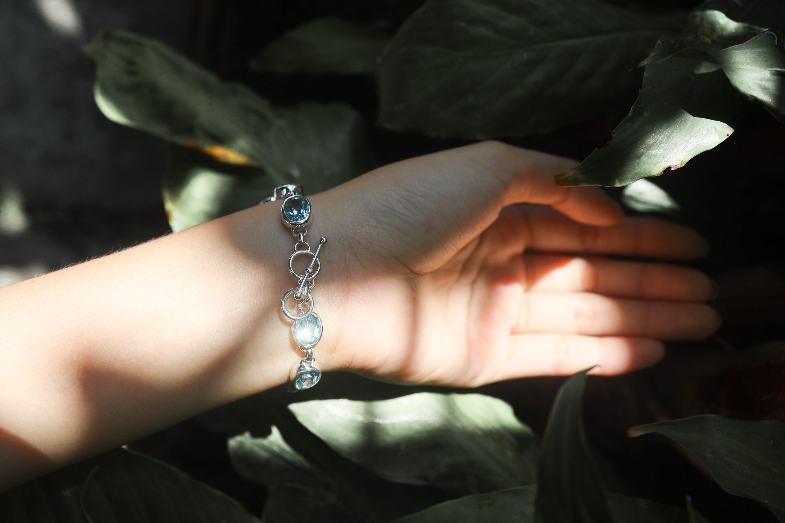 Faceted Blue Topaz Bracelet Sterling Silver 925, Handmade Crystal Jewelry, Pisces Zodiac Crown Chakra Healing Intuition Balance Gift