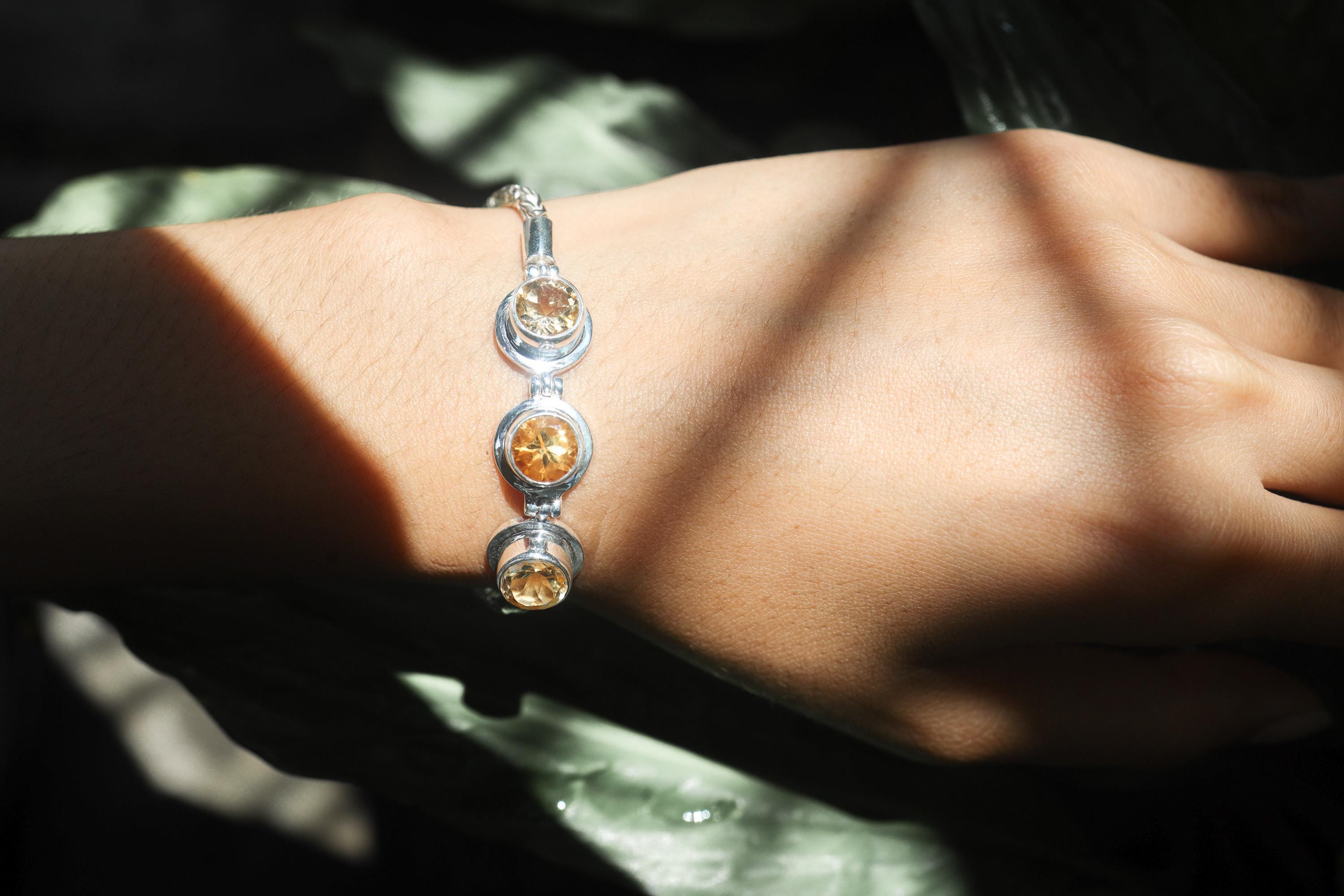 Faceted Citrine Sterling Silver Bracelet, Byzantine Chain, Adjustable