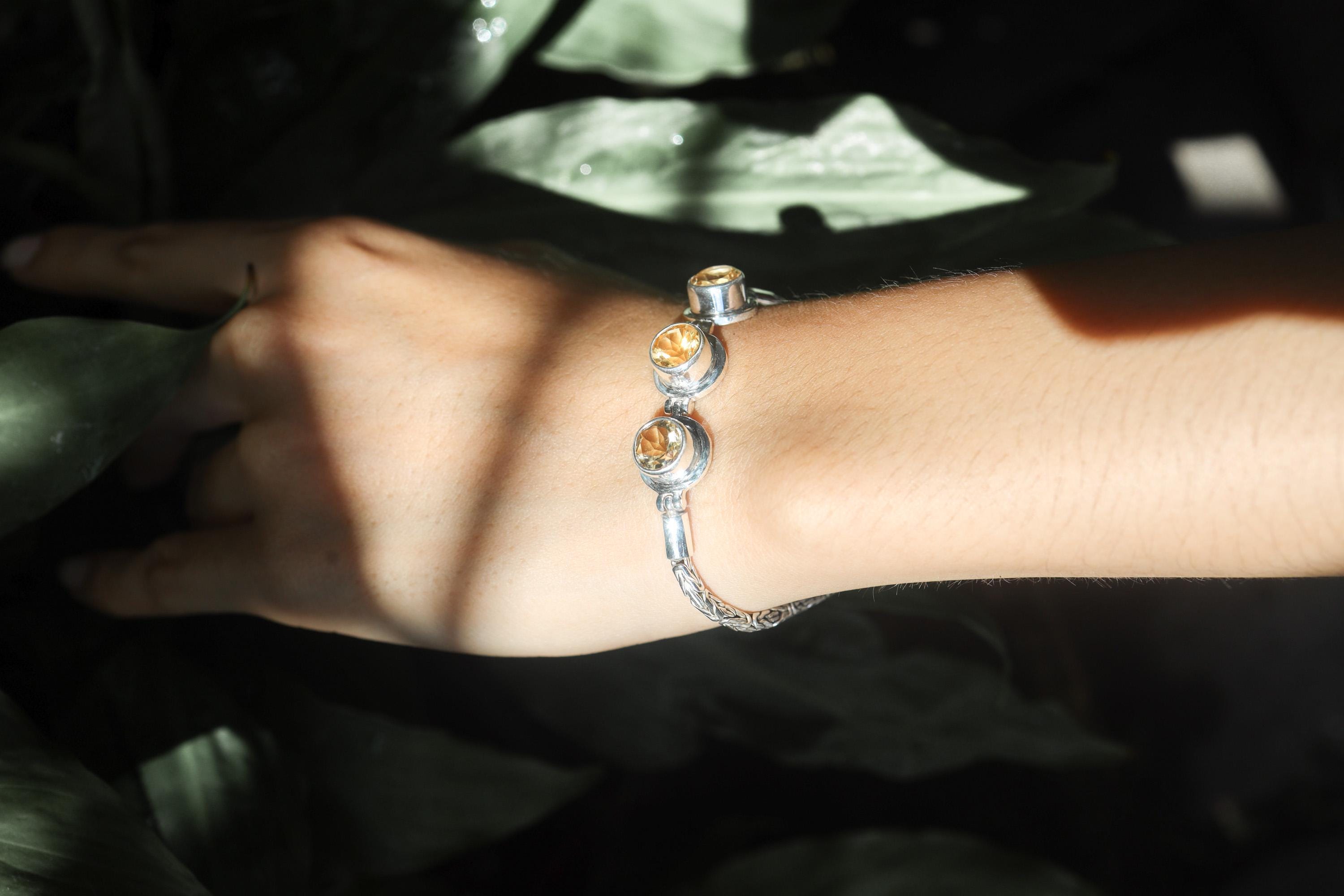 Faceted Citrine Sterling Silver Bracelet, Byzantine Chain, Adjustable