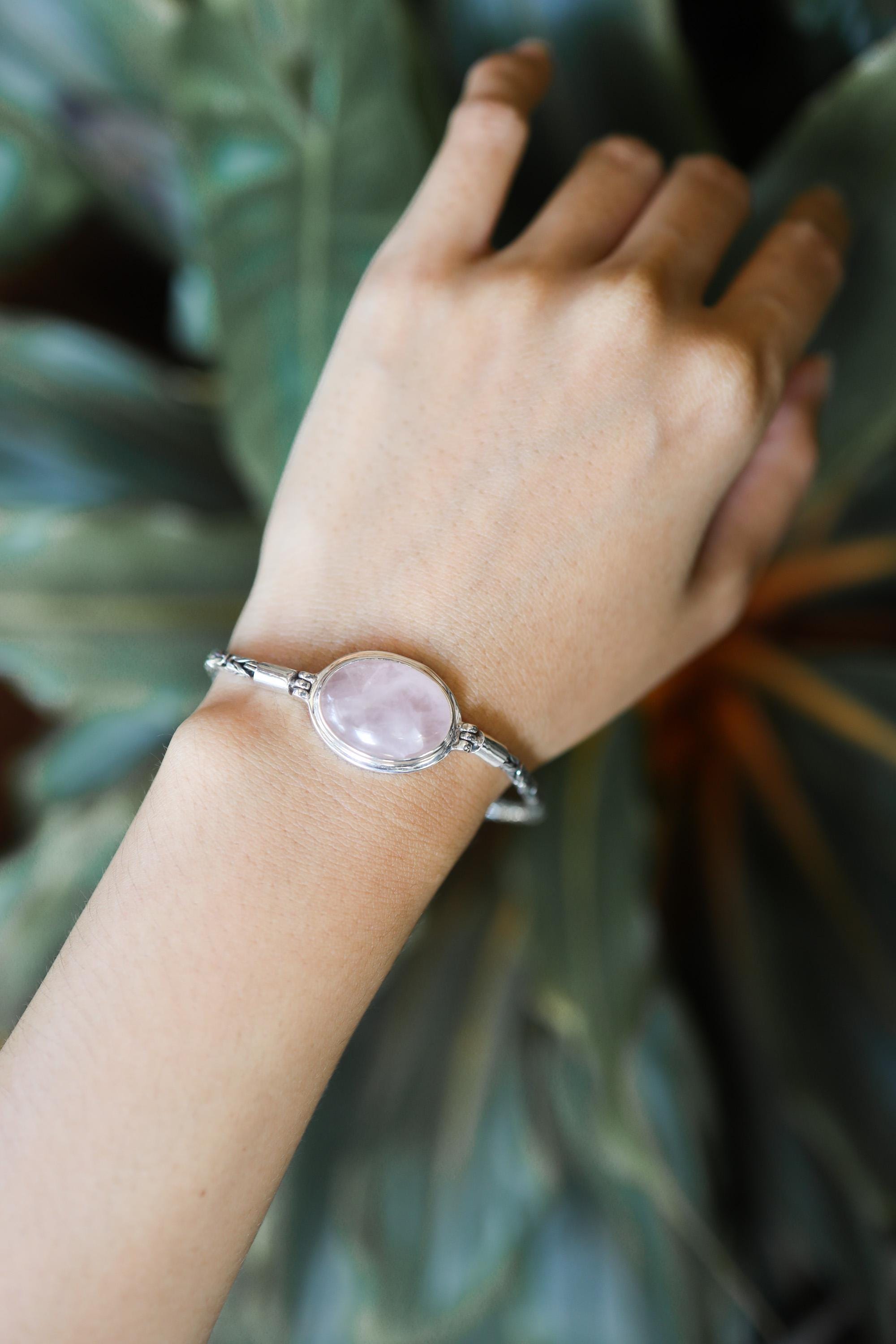 AAA Grade Rose Quartz Cabochon Bracelet, Sterling Silver Byzantine Chain, 18cm + 3cm Extension, Heart Chakra Jewelry, Handmade Gift