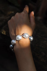 Mabe Pearls Bracelet, Sterling Silver 925, 7 Large Luminous Perfect White Pearls Adjustable Clasp Chain Ocean Energy Heart Healing Gift