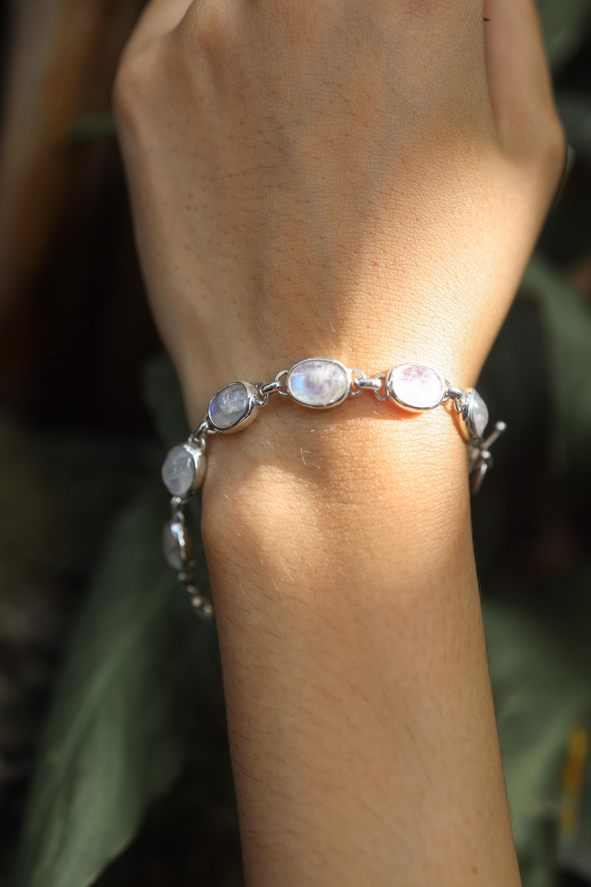 AAA Grade Blue Moonstone Cabochon Bracelet Sterling Silver 925, Adjustable Handmade Gemstone Jewelry, Crown Chakra Healing, Unique Gift