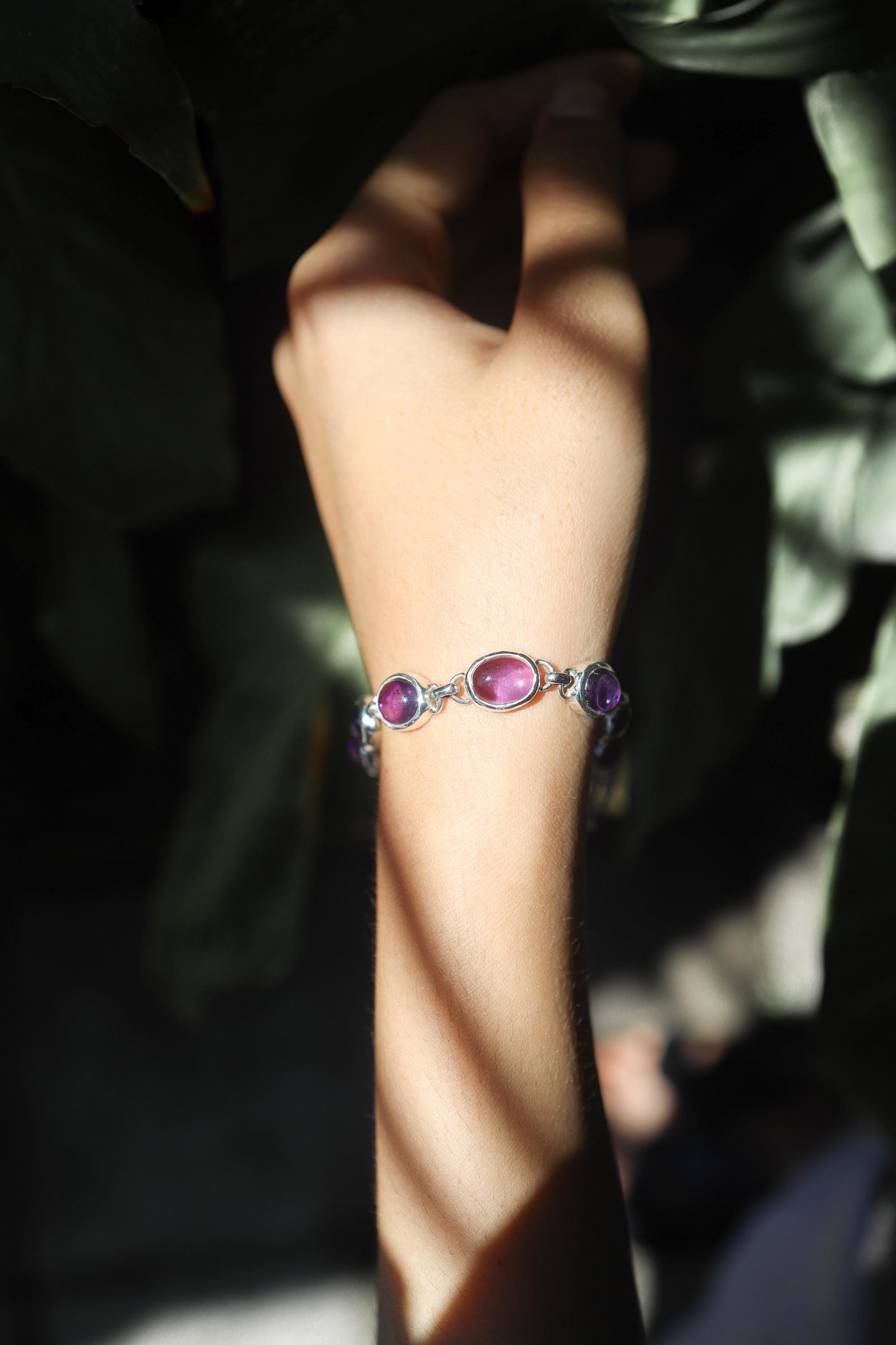 Amethyst Crown Chakra Bracelet 925 Silver East West Gemstone Jewelry Violet Cabochon Spiritual Talisman Gift