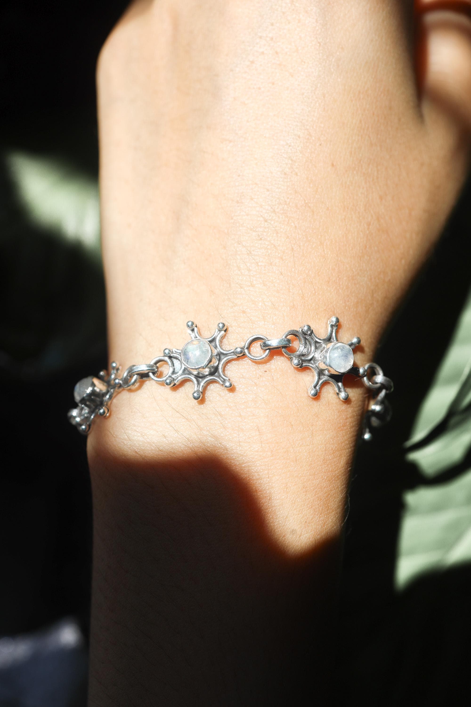 AAA Grade Blue Moonstone Bracelet 925 Sterling Silver, Adjustable Unique Handmade, Crown and Third Eye Chakra Healing Gift