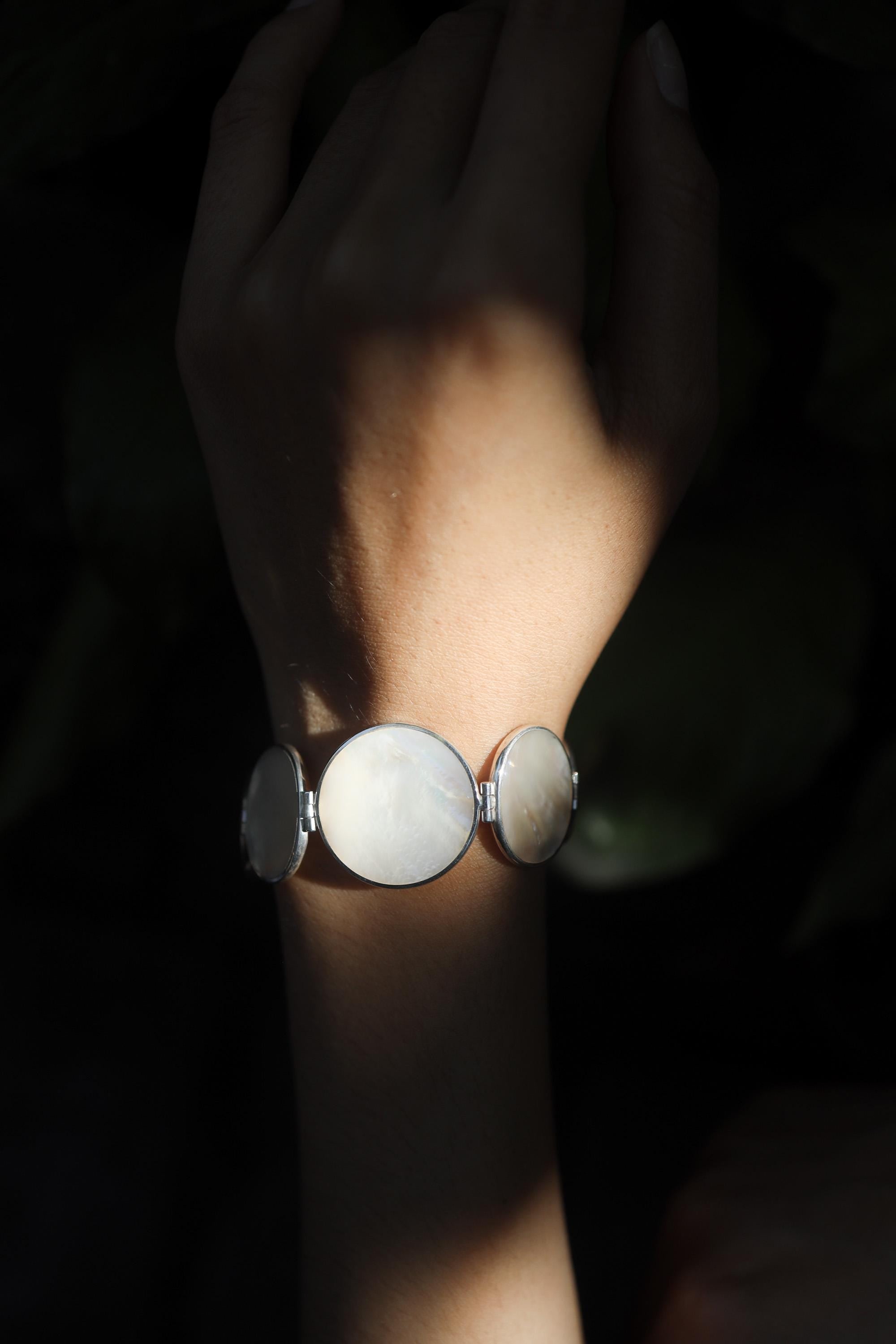 Mother of Pearl Sterling Silver Bracelet, Adjustable Gemstone Jewelry