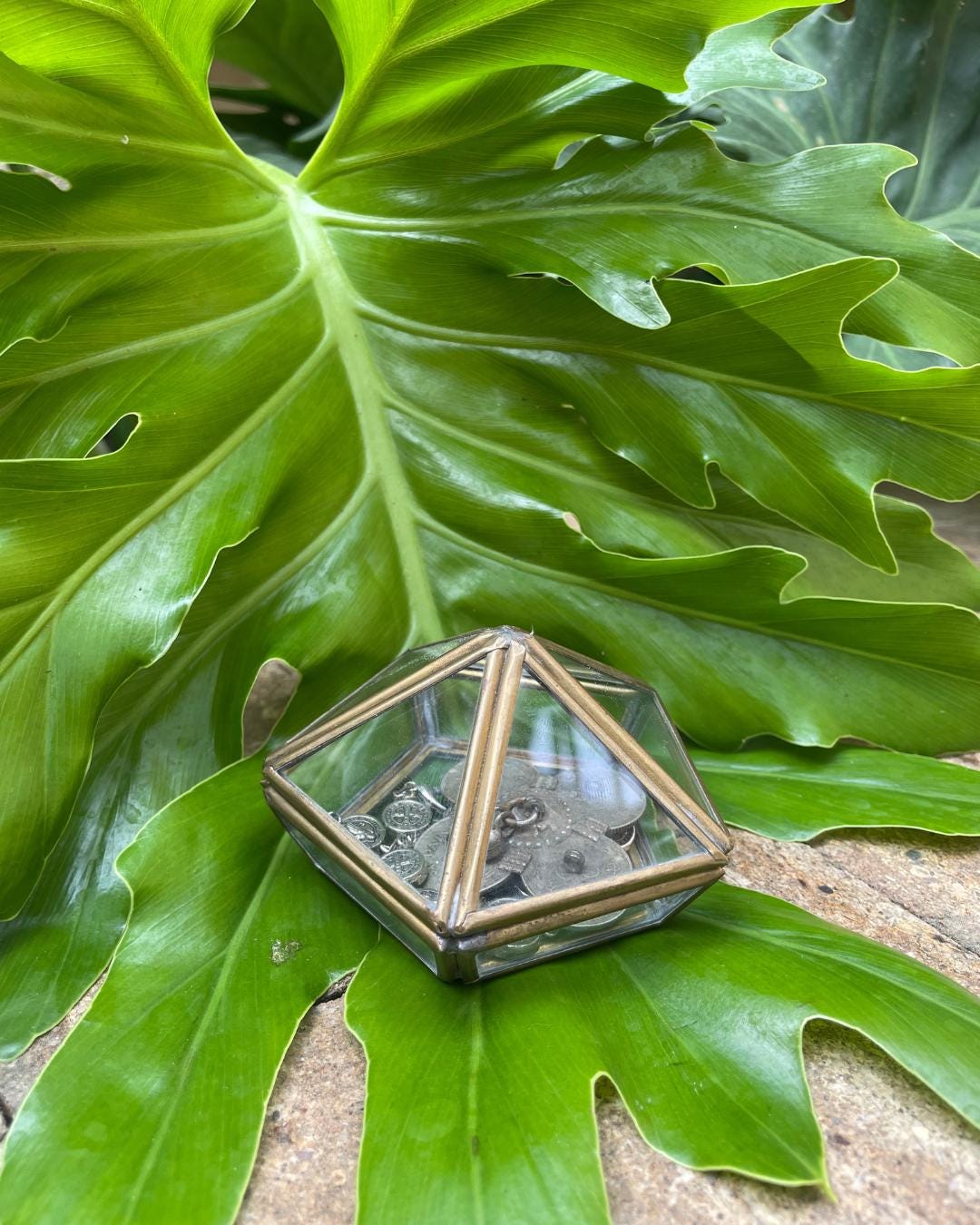 Brass Glass Ring Display Box Pentagon Jewelry Box Vintage Patina Proposal Ring Holder Geometric Keepsake Gift