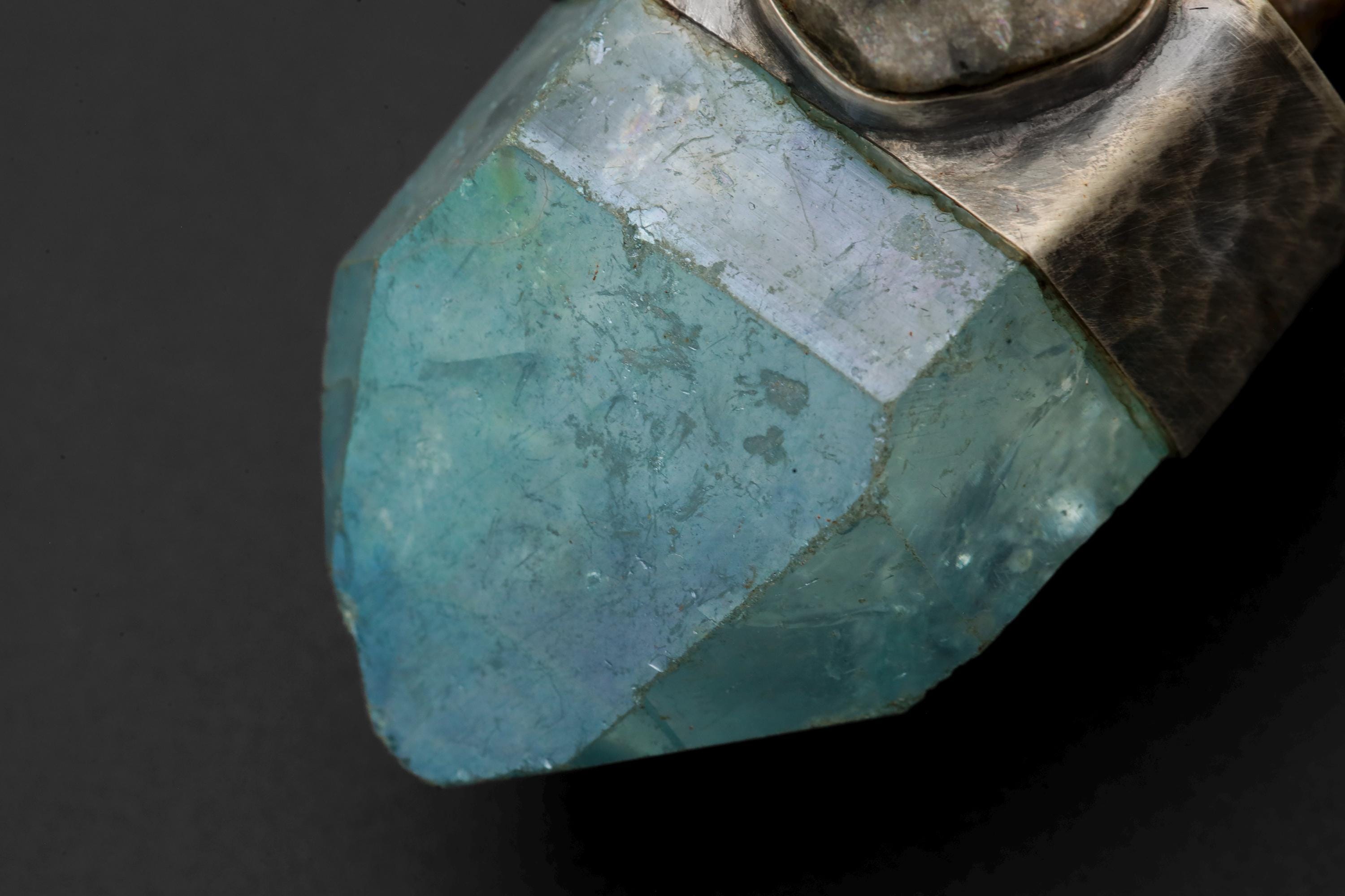 Ganesha Brass Cast Pendant, Aqua Aura Window Quartz Point Gem Grade Blue Tourmaline Slice, 925 Silver Bezel, Oxidized & Hammered Textured