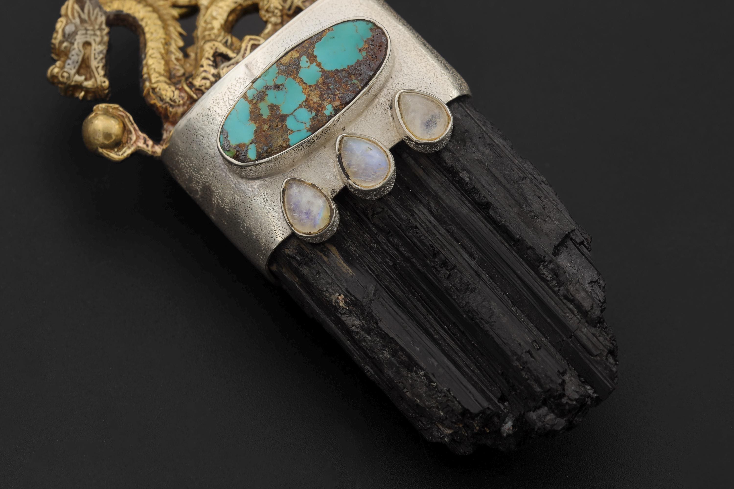 Dragon Gold Brass Cast Talisman Pendant, Chunky Raw Black Tourmaline, Sleeping Beauty Oval Turquoise Cabochon & Blue Moonstone, Silver Bezel