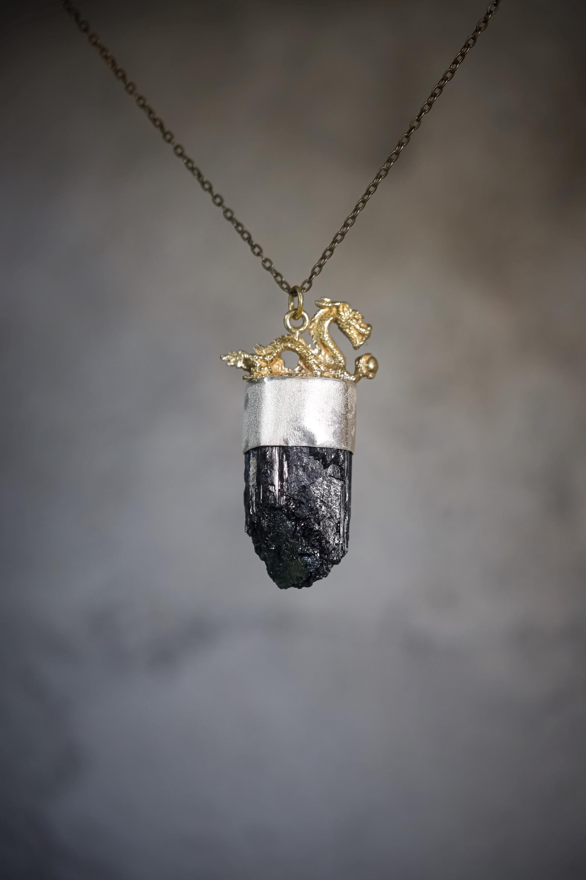 Dragon Gold Brass Cast Talisman Pendant, Chunky Raw Black Tourmaline, Sleeping Beauty Oval Turquoise Cabochon & Blue Moonstone, Silver Bezel