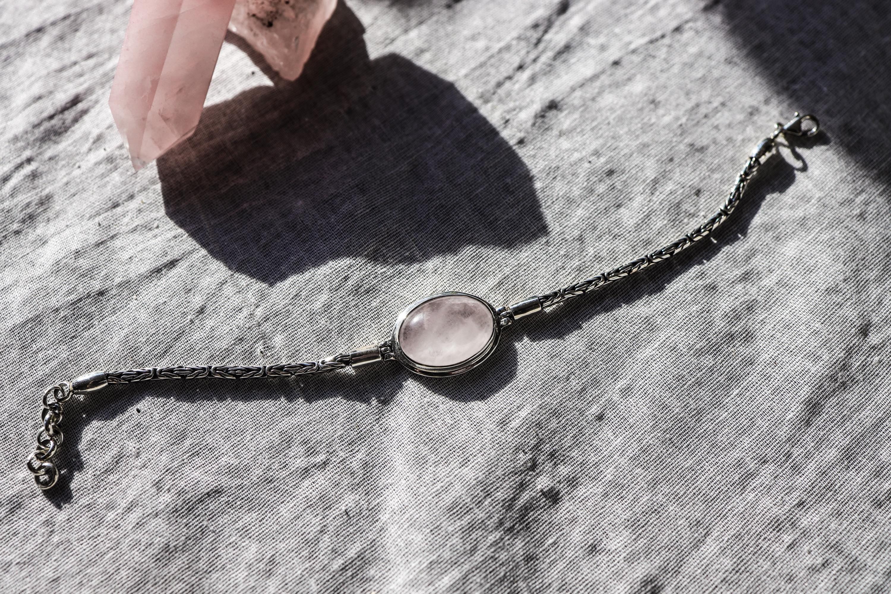 AAA Grade Rose Quartz Cabochon Bracelet, Sterling Silver Byzantine Chain, 18cm + 3cm Extension, Heart Chakra Jewelry, Handmade Gift