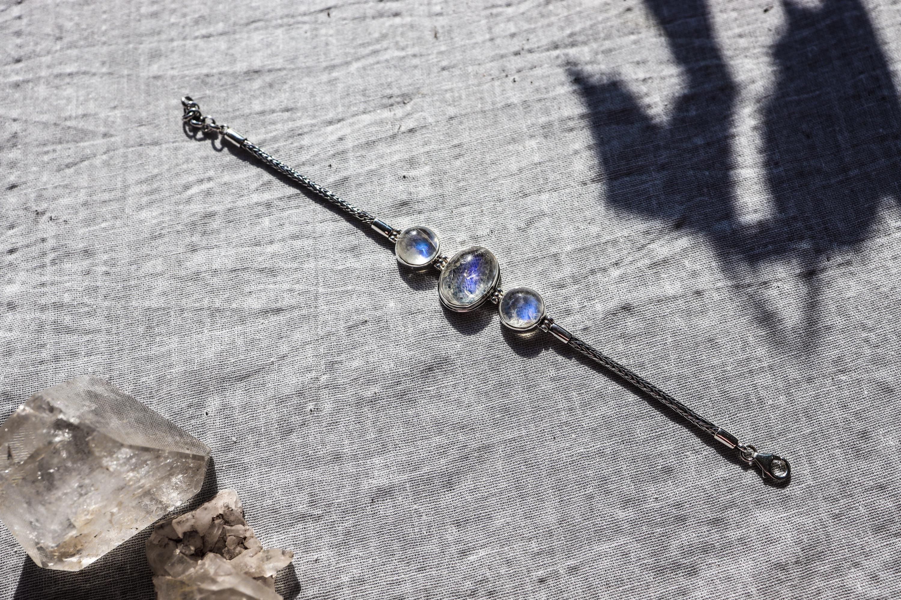 AAA Blue Moonstone Bracelet: 925 Sterling Silver Snake Chain, Adjustable