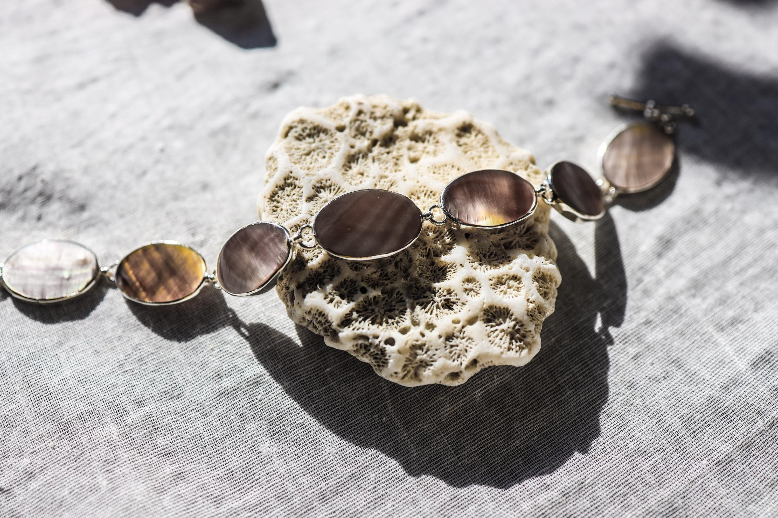 Mother of Pearl Shell Bracelet Sterling Silver 925, Oval Gemstones, Adjustable Handmade Jewelry, Heart Chakra Healing Ocean Gift
