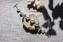 Mabe Pearls Bracelet, Sterling Silver 925, 7 Large Luminous Perfect White Pearls Adjustable Clasp Chain Ocean Energy Heart Healing Gift