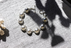 Mabe Pearls Bracelet, Sterling Silver 925, 7 Large Luminous Perfect White Pearls Adjustable Clasp Chain Ocean Energy Heart Healing Gift