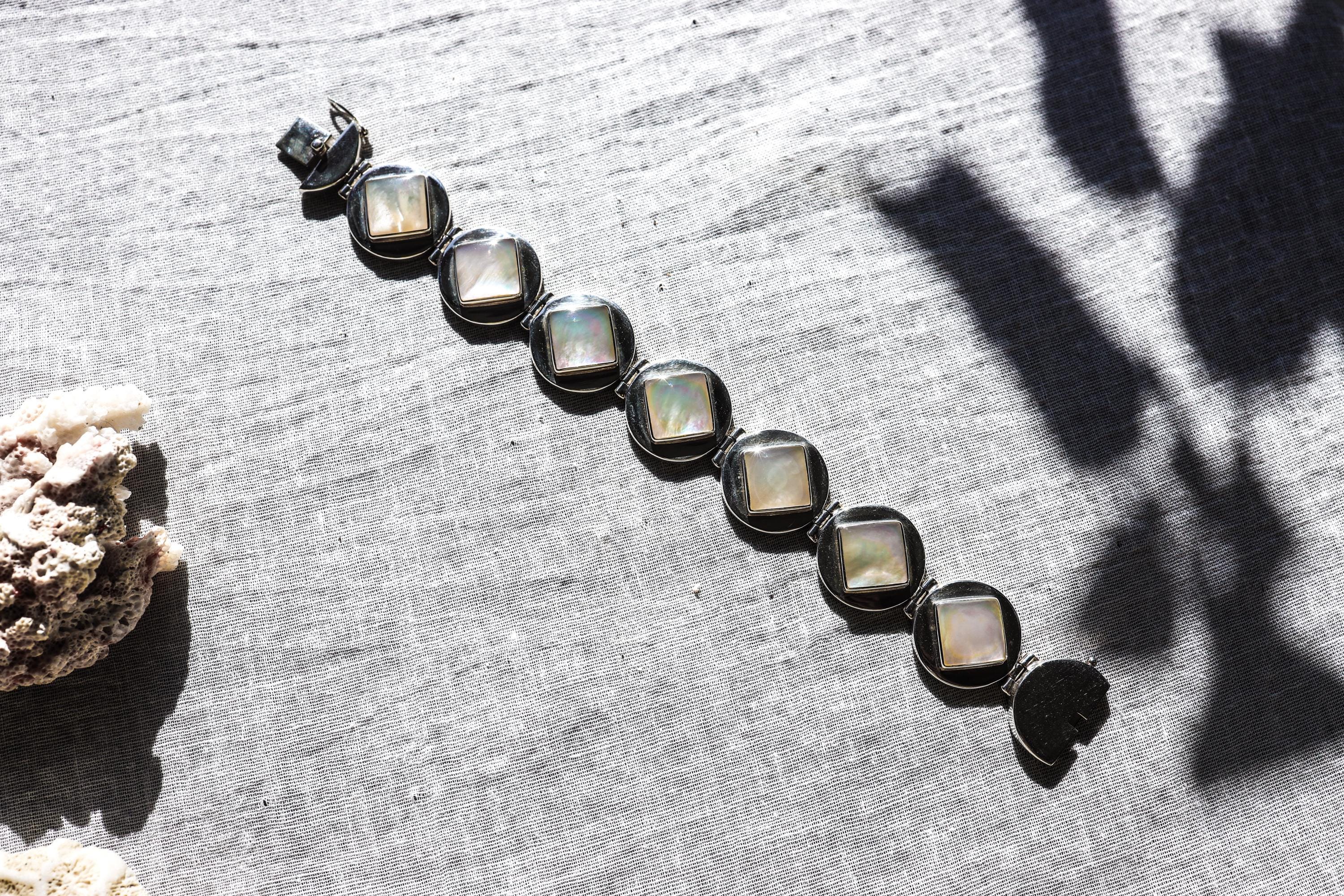 Mother of Pearl Bracelet 925 Silver Diamond Set Shell Cabochon Jewelry Ocean Talisman Heart Chakra Handmade Gift
