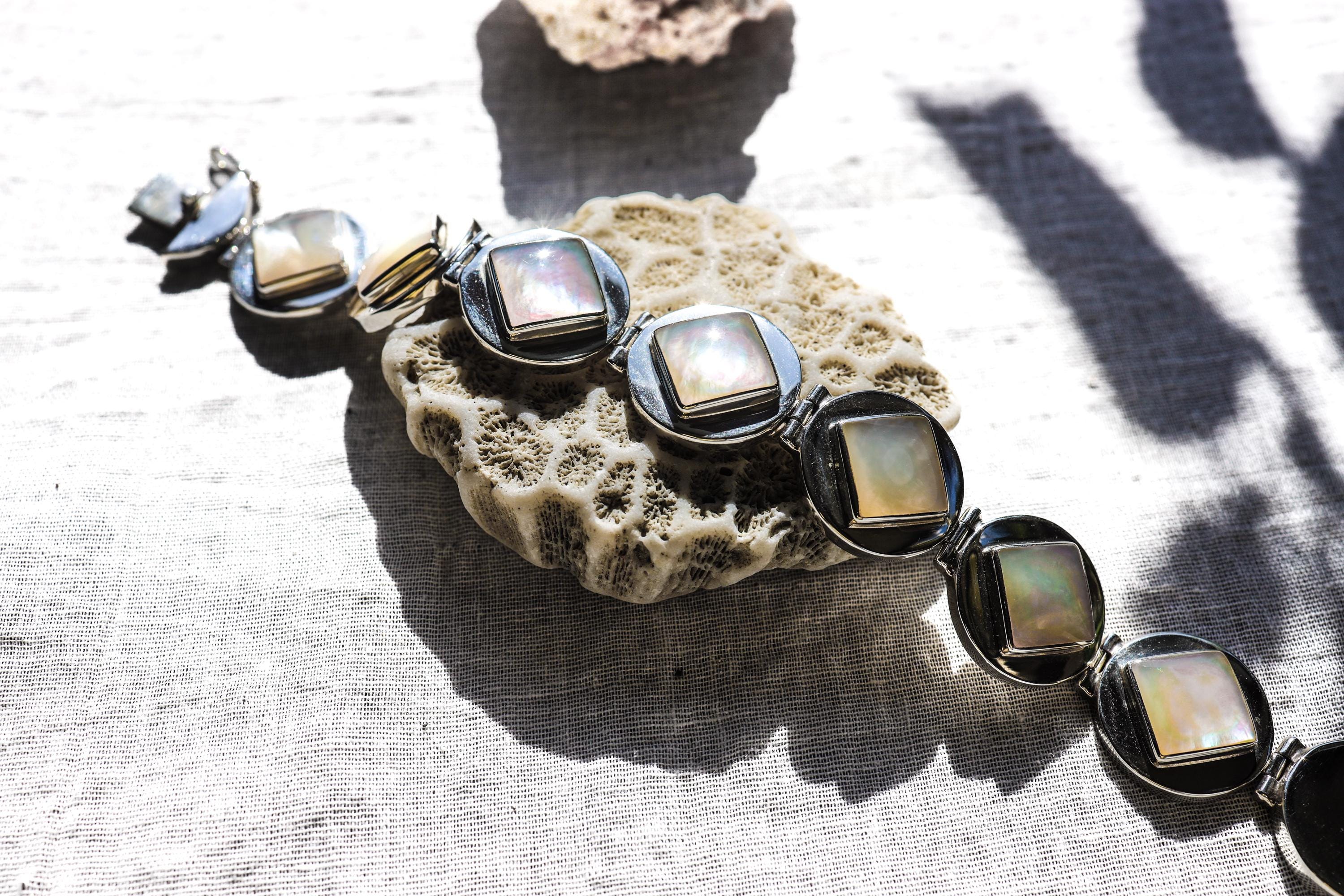 Geometric Mother of Pearl Bracelet, 925 Sterling Silver, Handmade